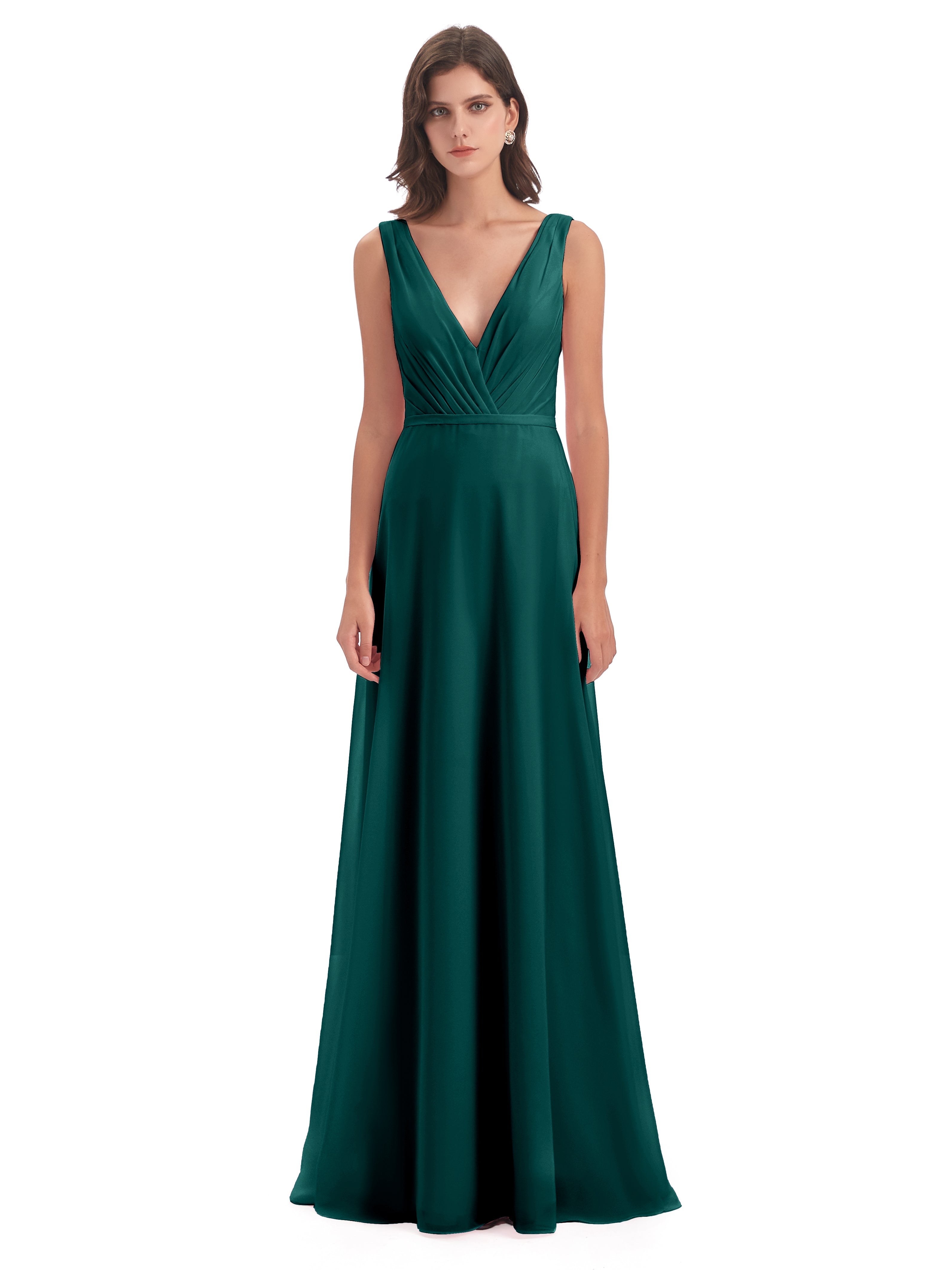 Robes De Demoiselle D'Honneur Bleu Paon Col V Mousseline Longue Robes Demoiselle D'Honneur