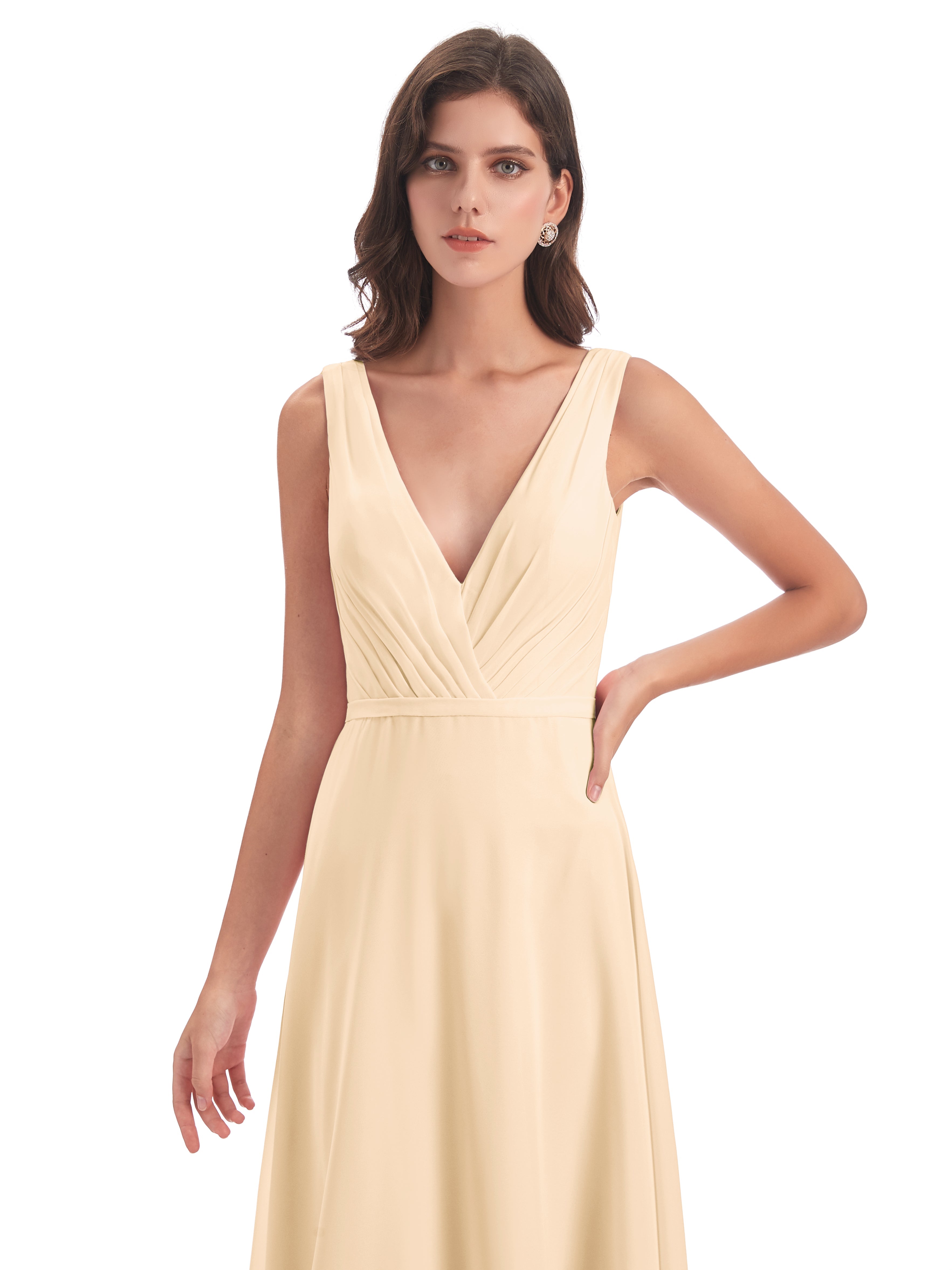 Robe Demoiselle D Honneur Couleur Peche Col V Mousseline Longue Robes Demoiselle D'Honneur