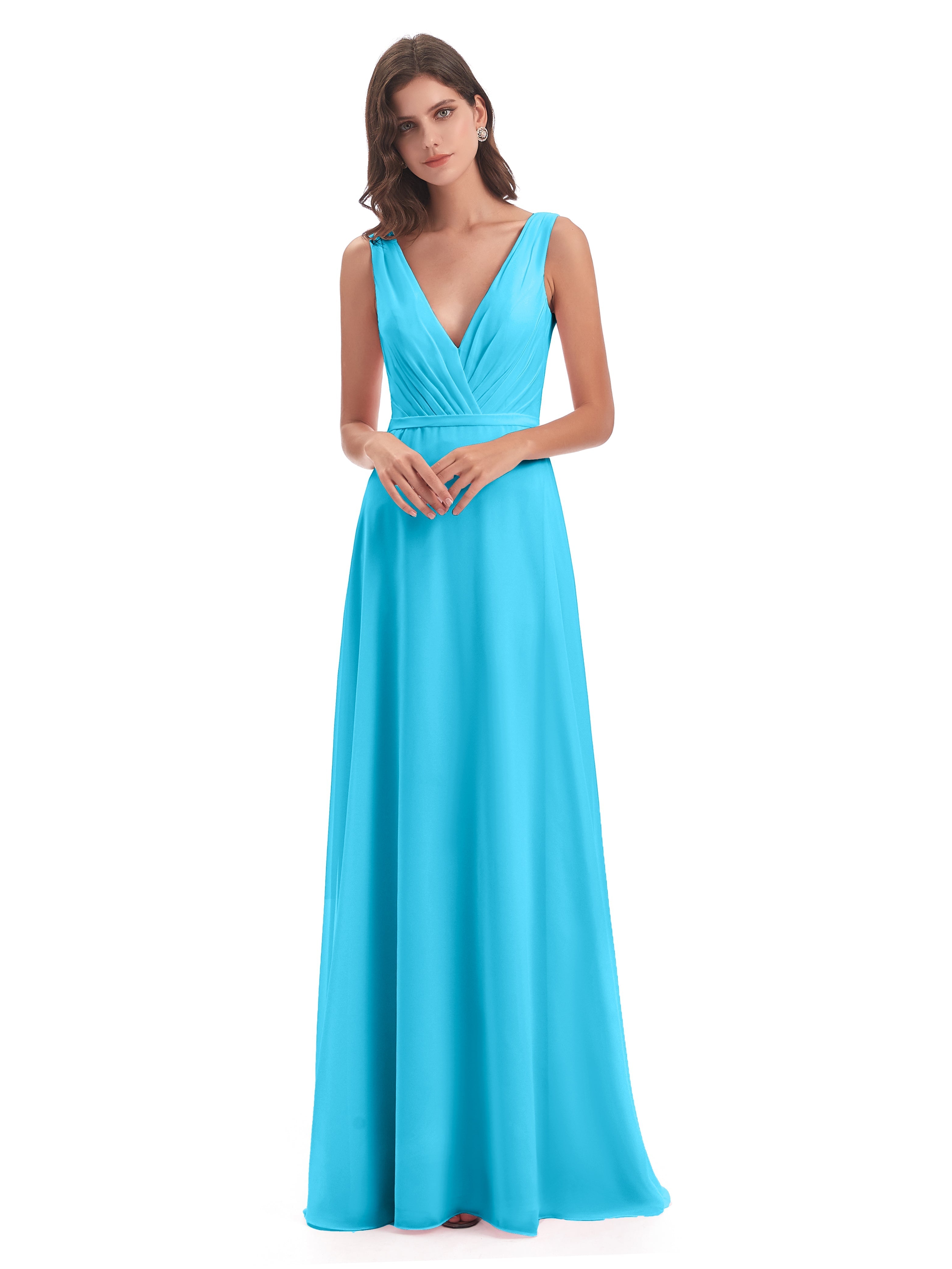 Robe De Demoiselle D'Honneur En Piscine Col V Mousseline Longue Robes Demoiselle D'Honneur