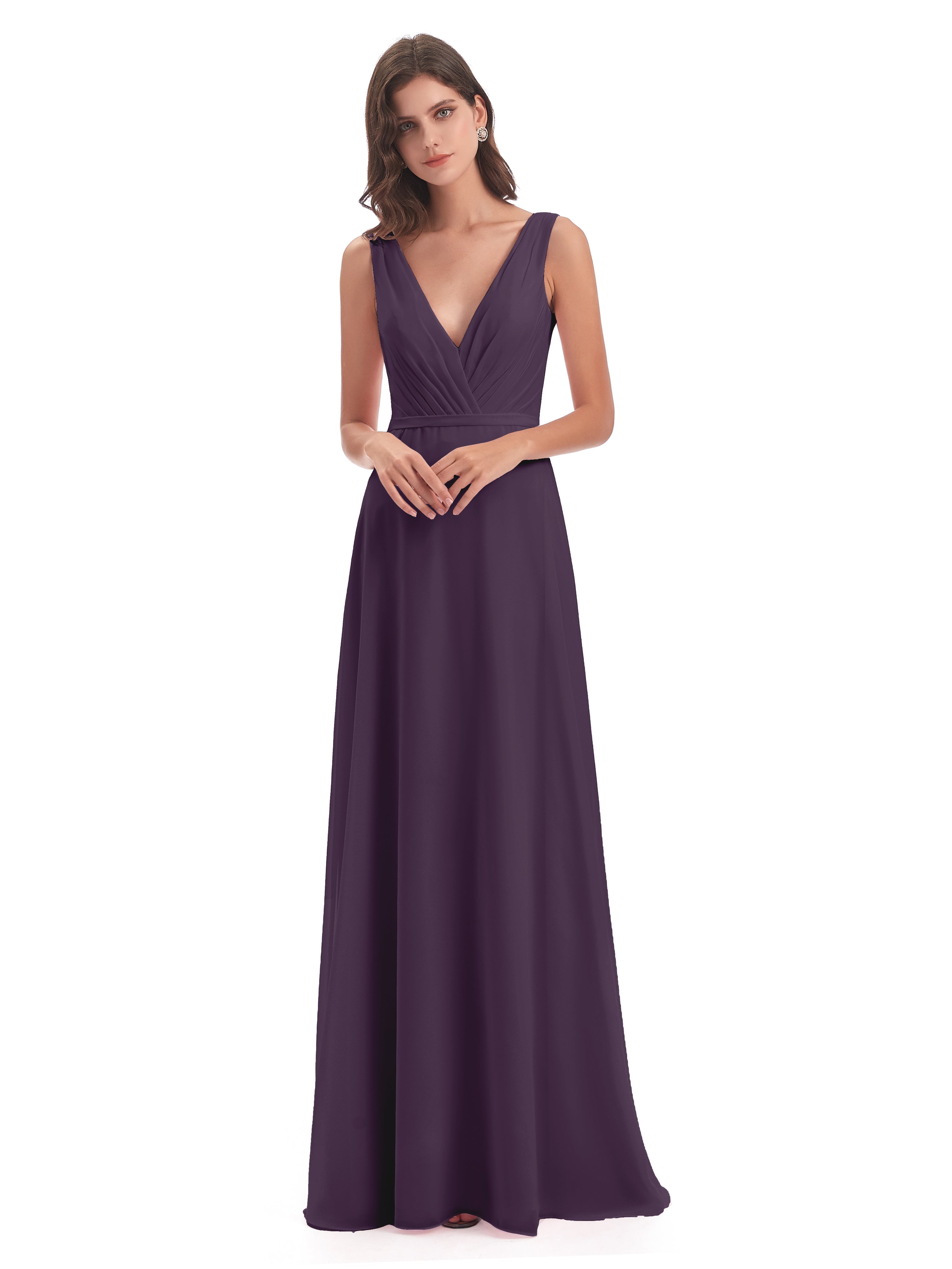 Robe De Demoiselle D'Honneur En Plum Col V Mousseline Longue Robes Demoiselle D'Honneur