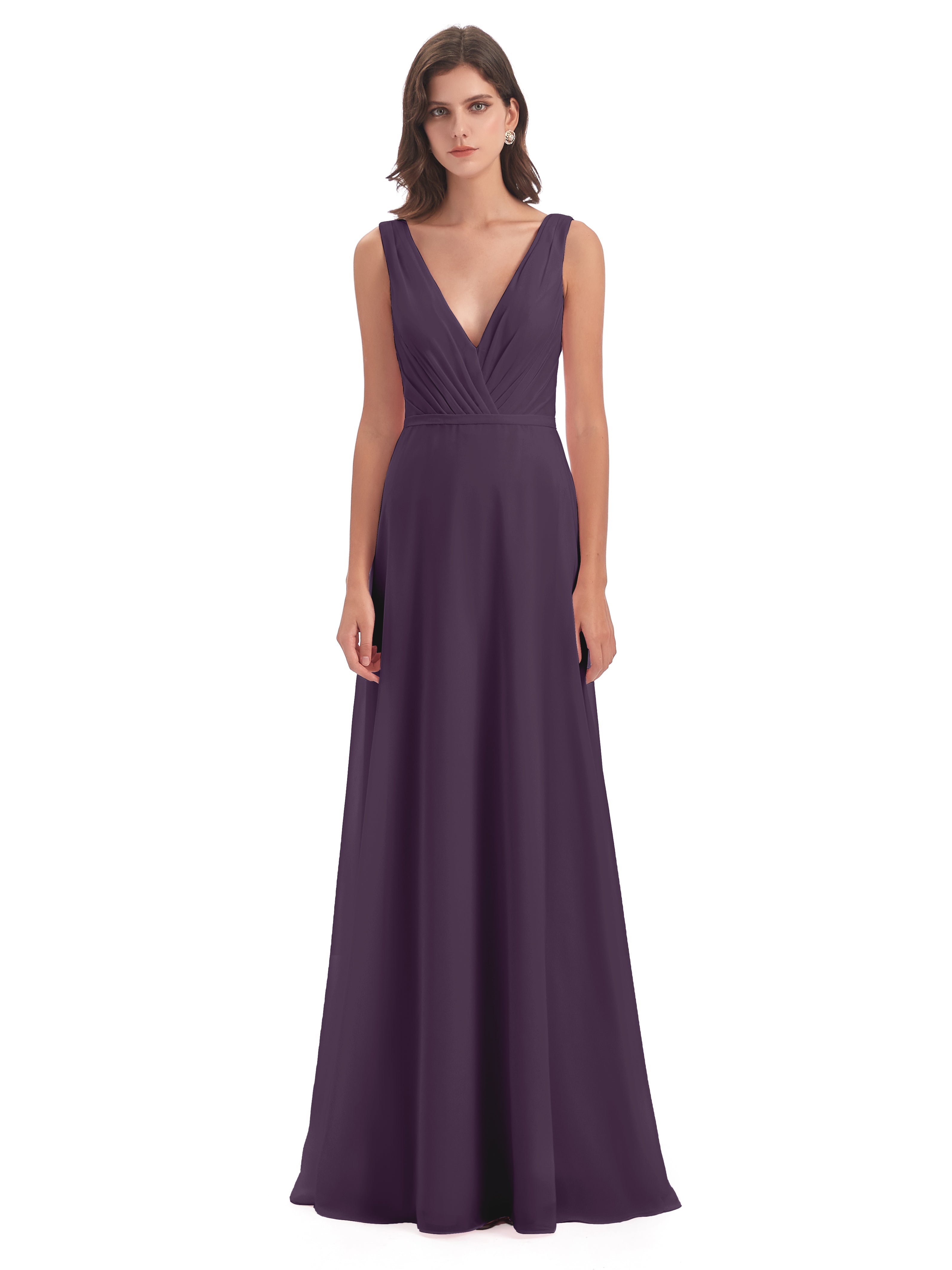 Robe De Demoiselle D'Honneur En Plum Col V Mousseline Longue Robes Demoiselle D'Honneur