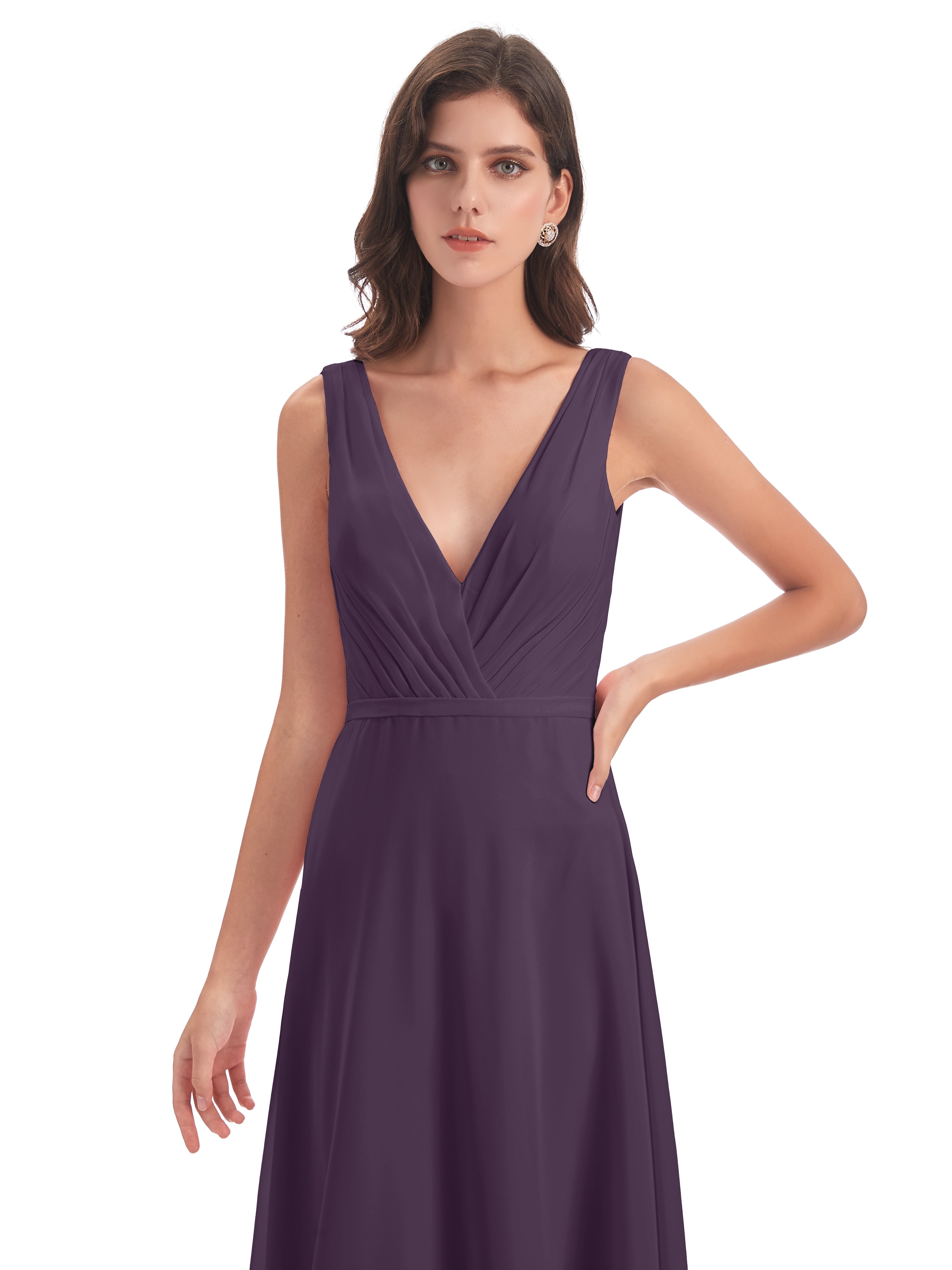Robe De Demoiselle D'Honneur En Plum Col V Mousseline Longue Robes Demoiselle D'Honneur