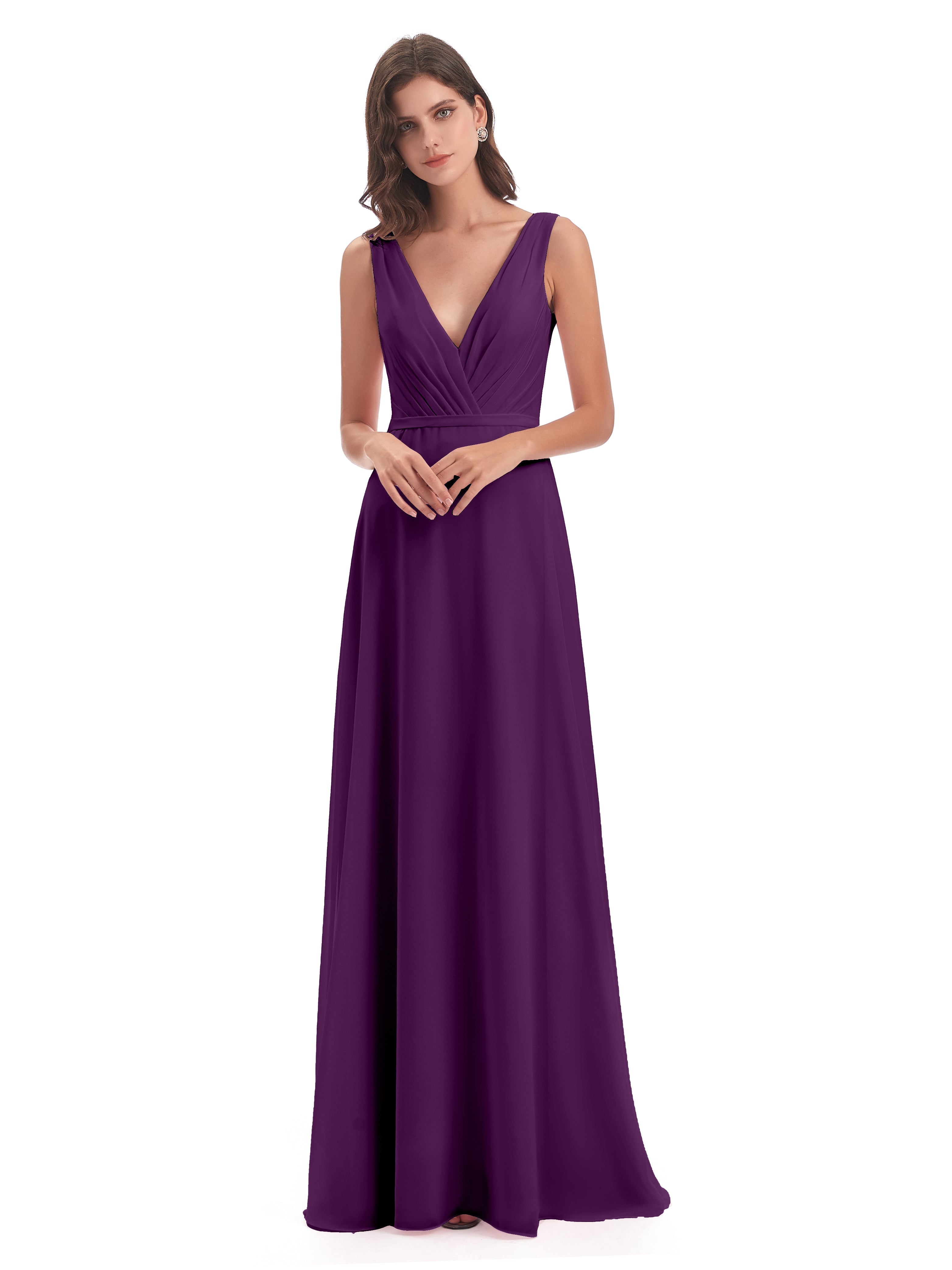 Robes De Demoiselle D'Honneur En Raisin Col V Mousseline Longue Robes Demoiselle D'Honneur