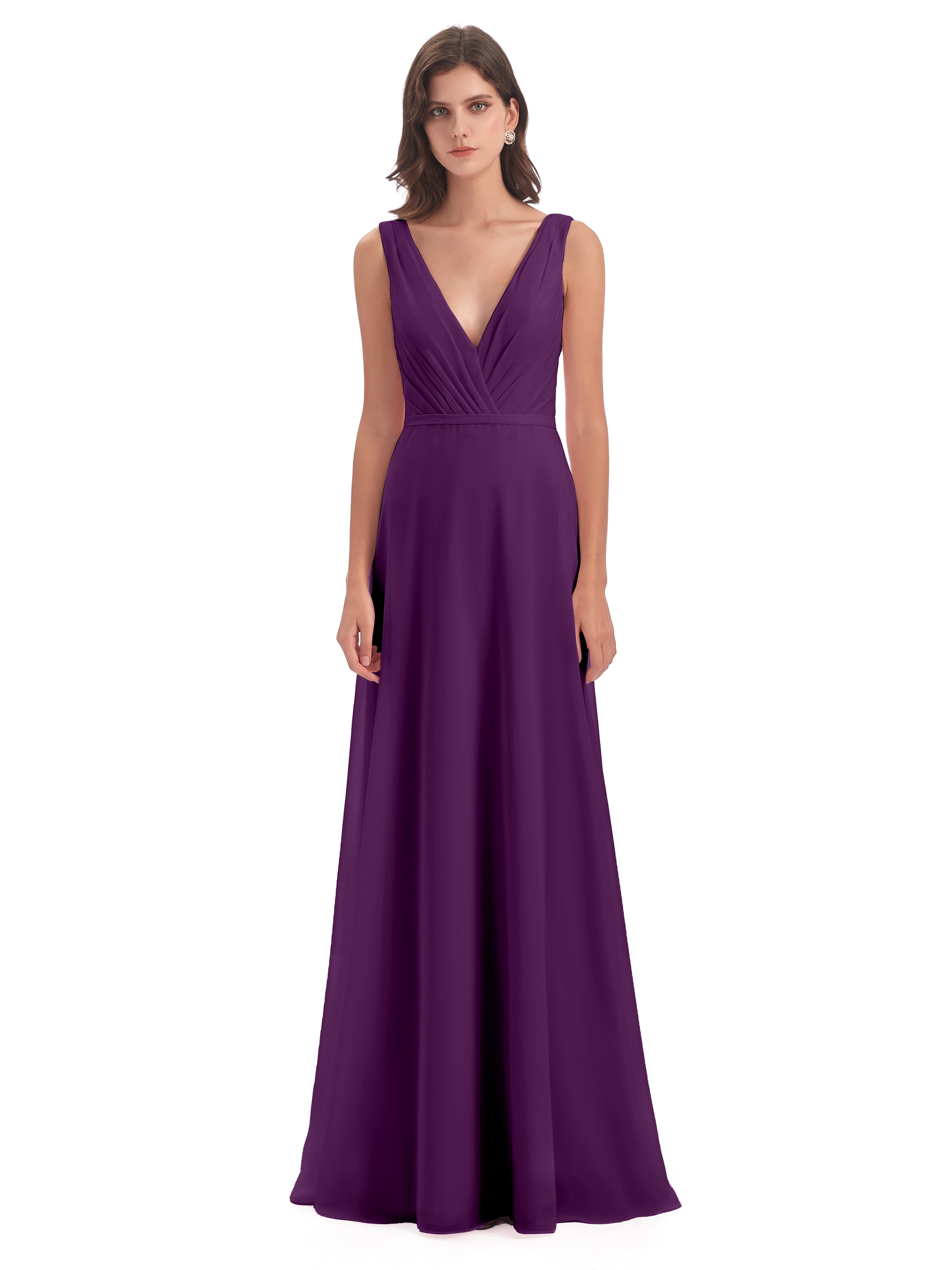 Robes De Demoiselle D'Honneur En Raisin Col V Mousseline Longue Robes Demoiselle D'Honneur