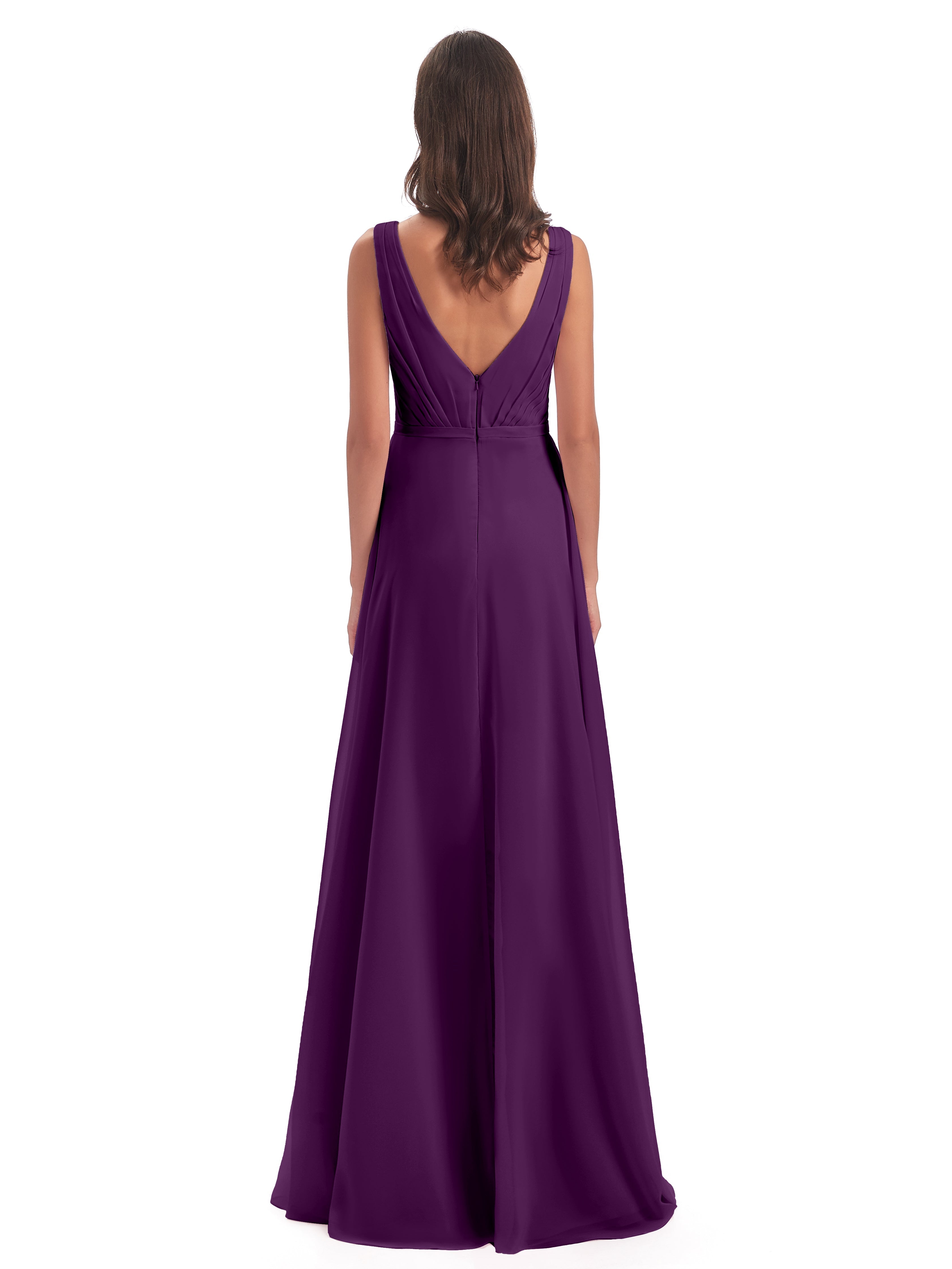 Robes De Demoiselle D'Honneur En Raisin Col V Mousseline Longue Robes Demoiselle D'Honneur