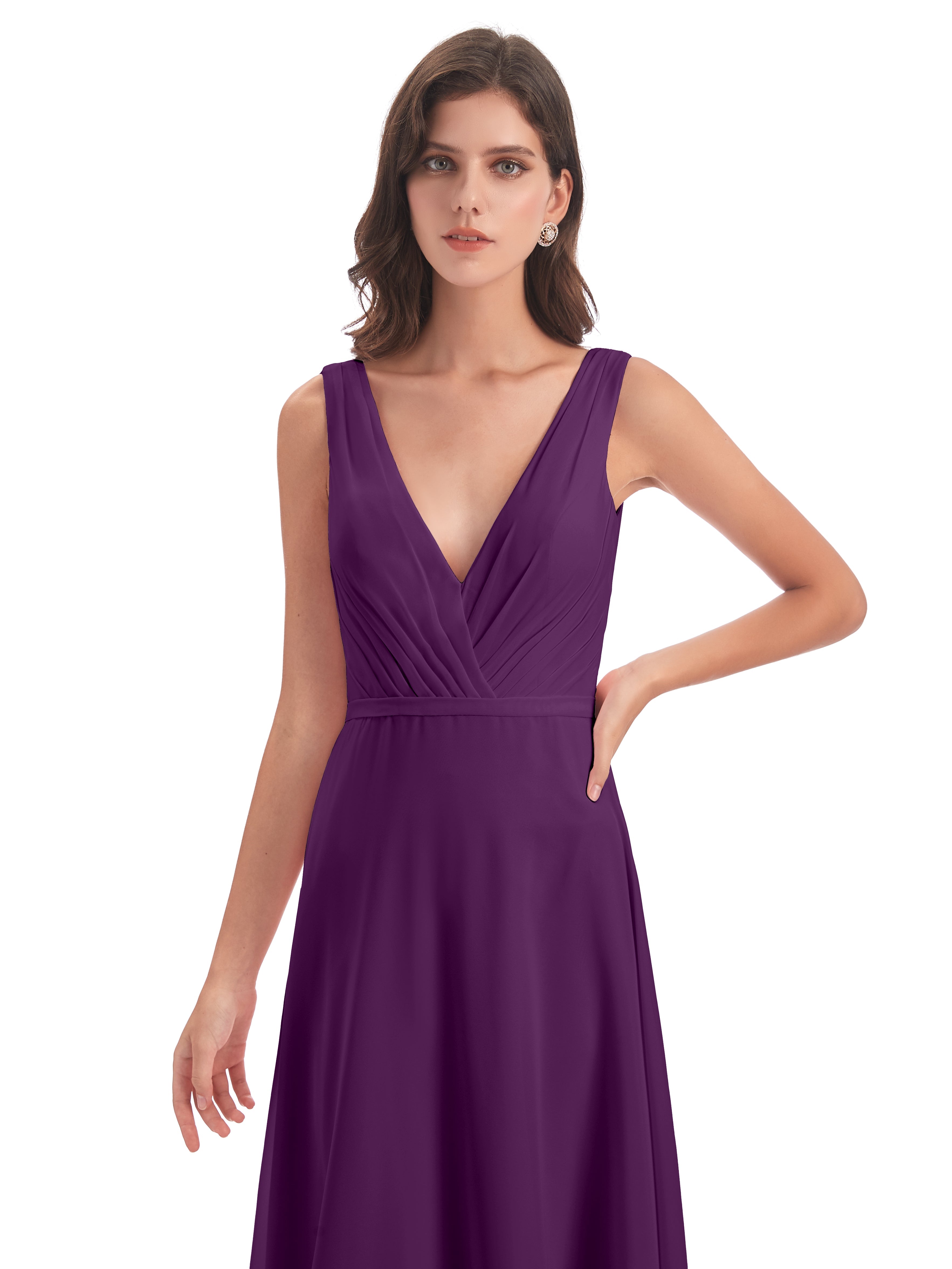 Robes De Demoiselle D'Honneur En Raisin Col V Mousseline Longue Robes Demoiselle D'Honneur