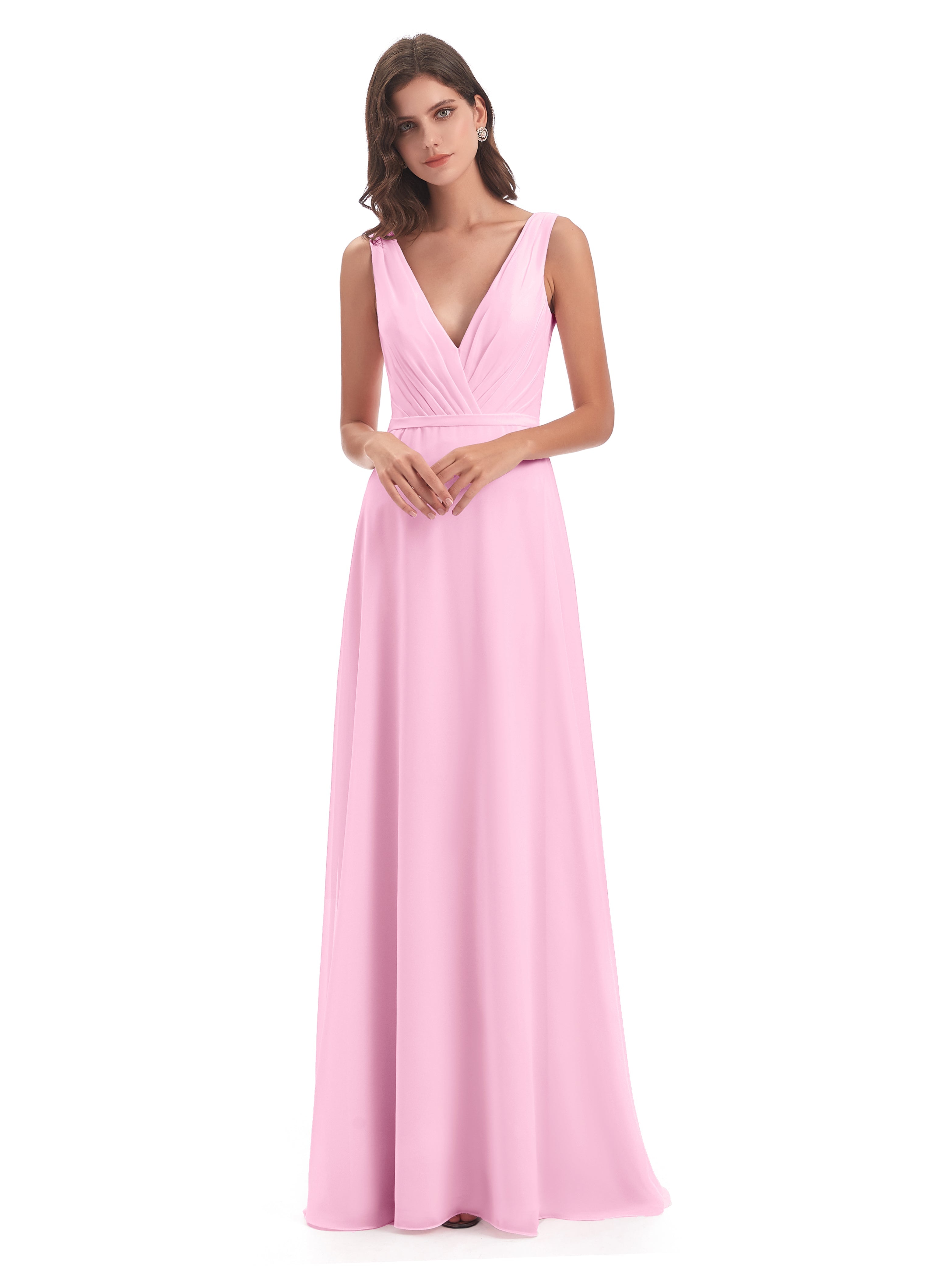 Robes De Demoiselle D'Honneur Rose Bonbon Col V Mousseline Longue Robes Demoiselle D'Honneur