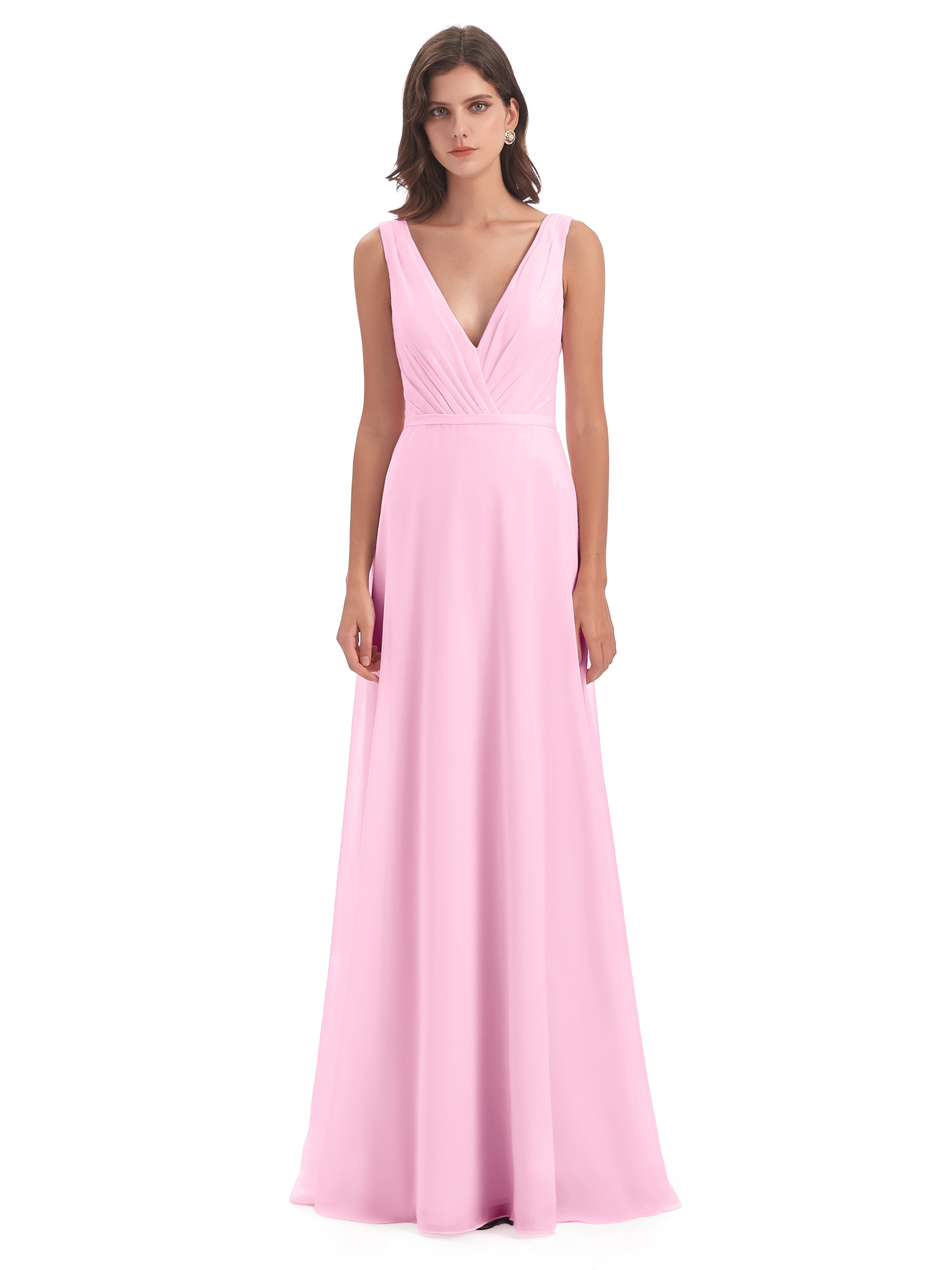 Robes De Demoiselle D'Honneur Rose Bonbon Col V Mousseline Longue Robes Demoiselle D'Honneur