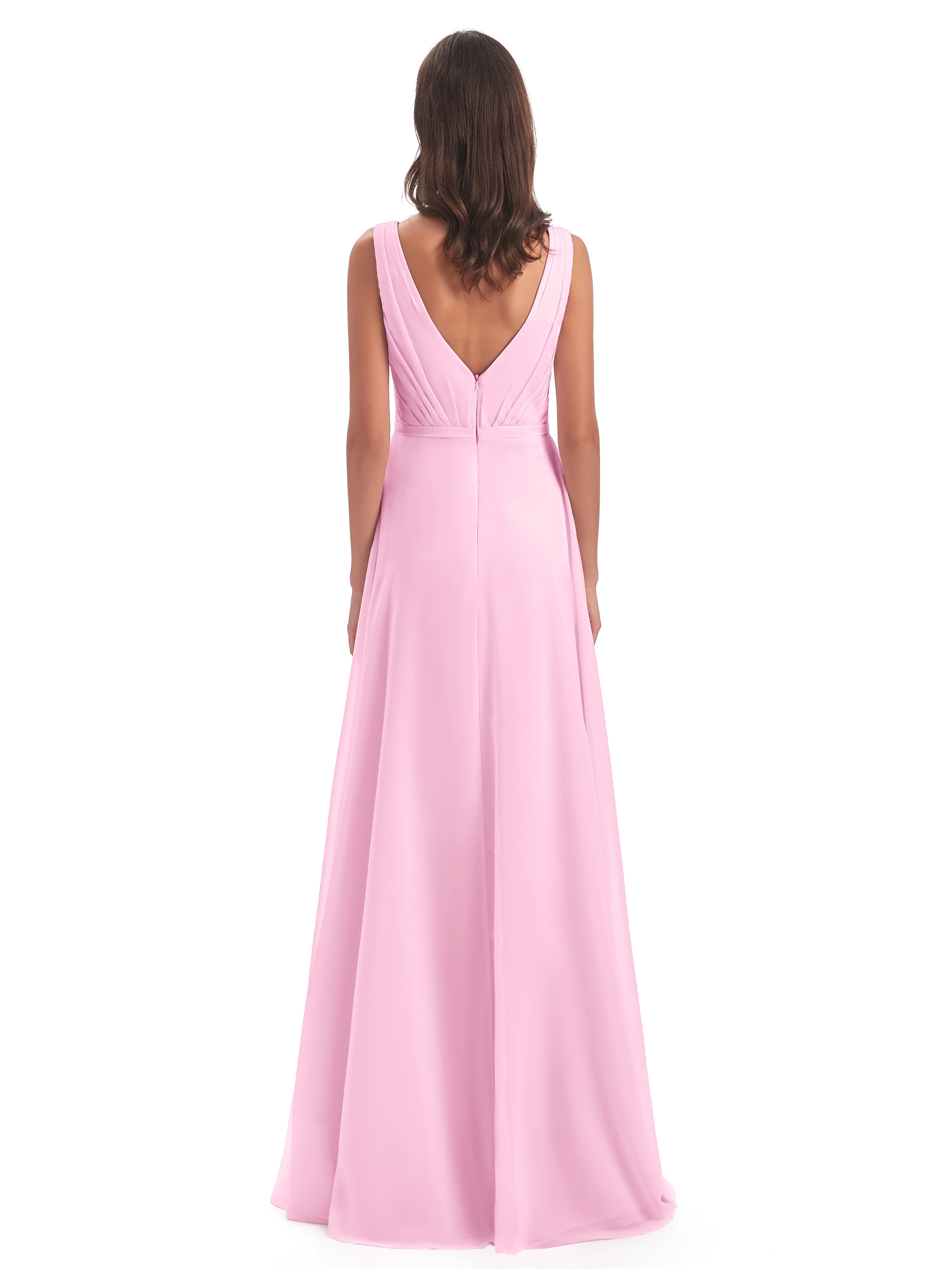 Robes De Demoiselle D'Honneur Rose Bonbon Col V Mousseline Longue Robes Demoiselle D'Honneur