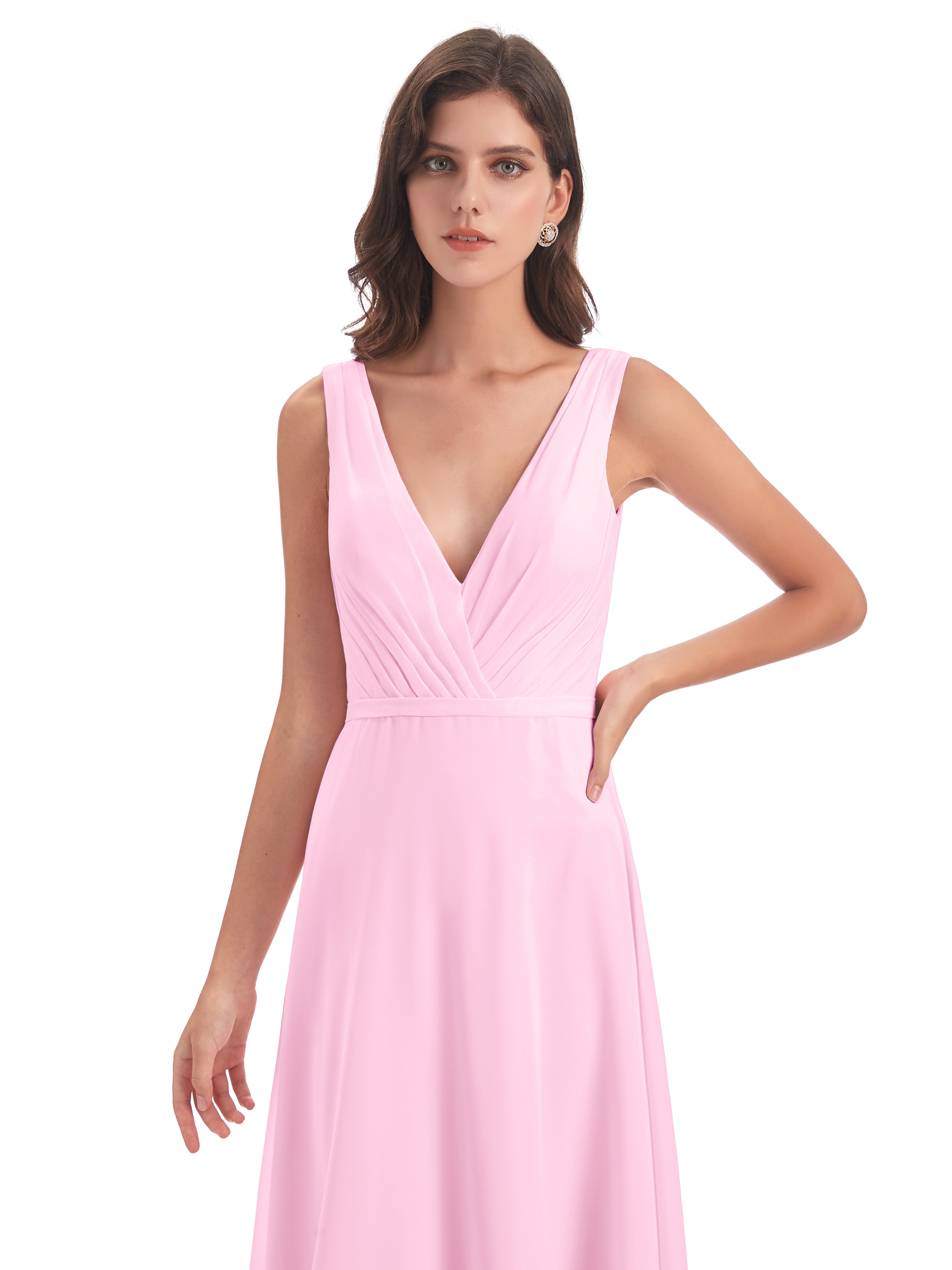 Robes De Demoiselle D'Honneur Rose Bonbon Col V Mousseline Longue Robes Demoiselle D'Honneur