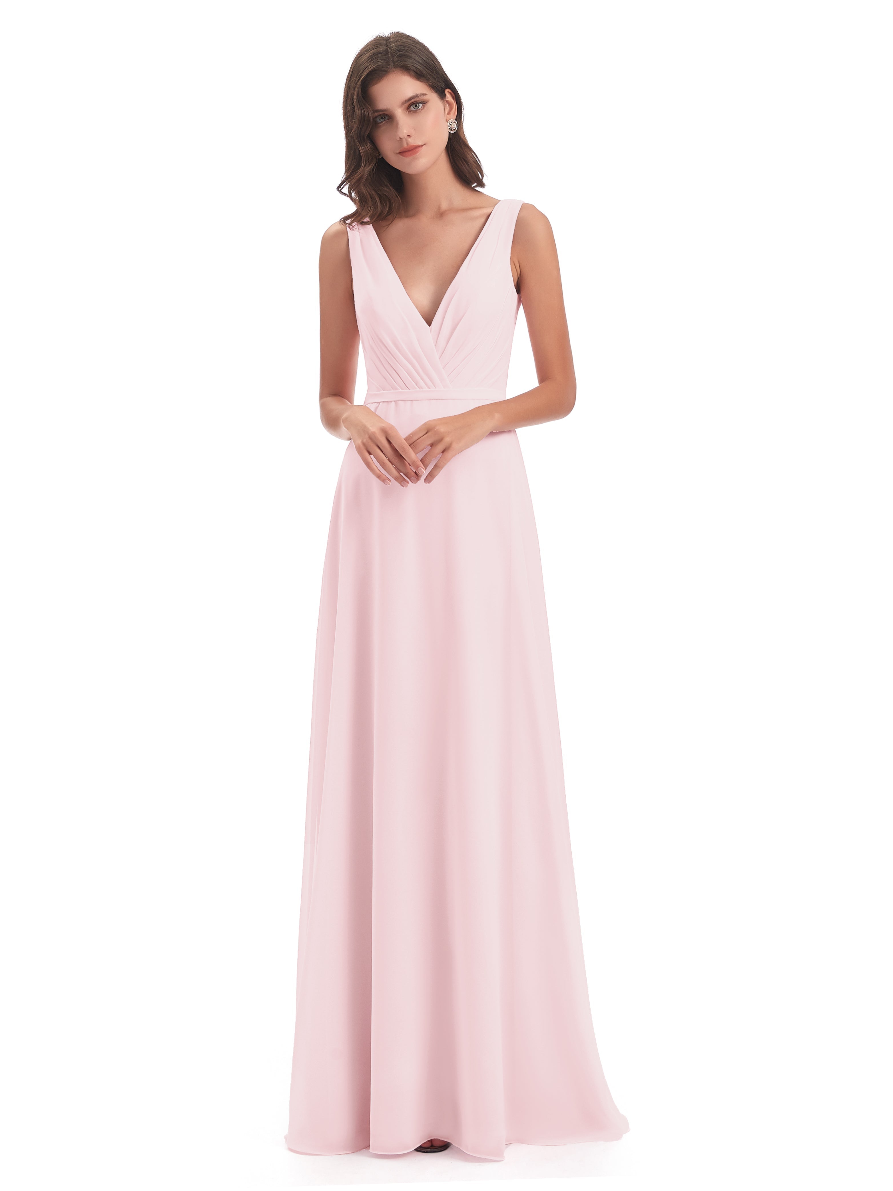 Robe Demoiselle Honneur Rose Pale Col V Mousseline Longue Robes Demoiselle D'Honneur