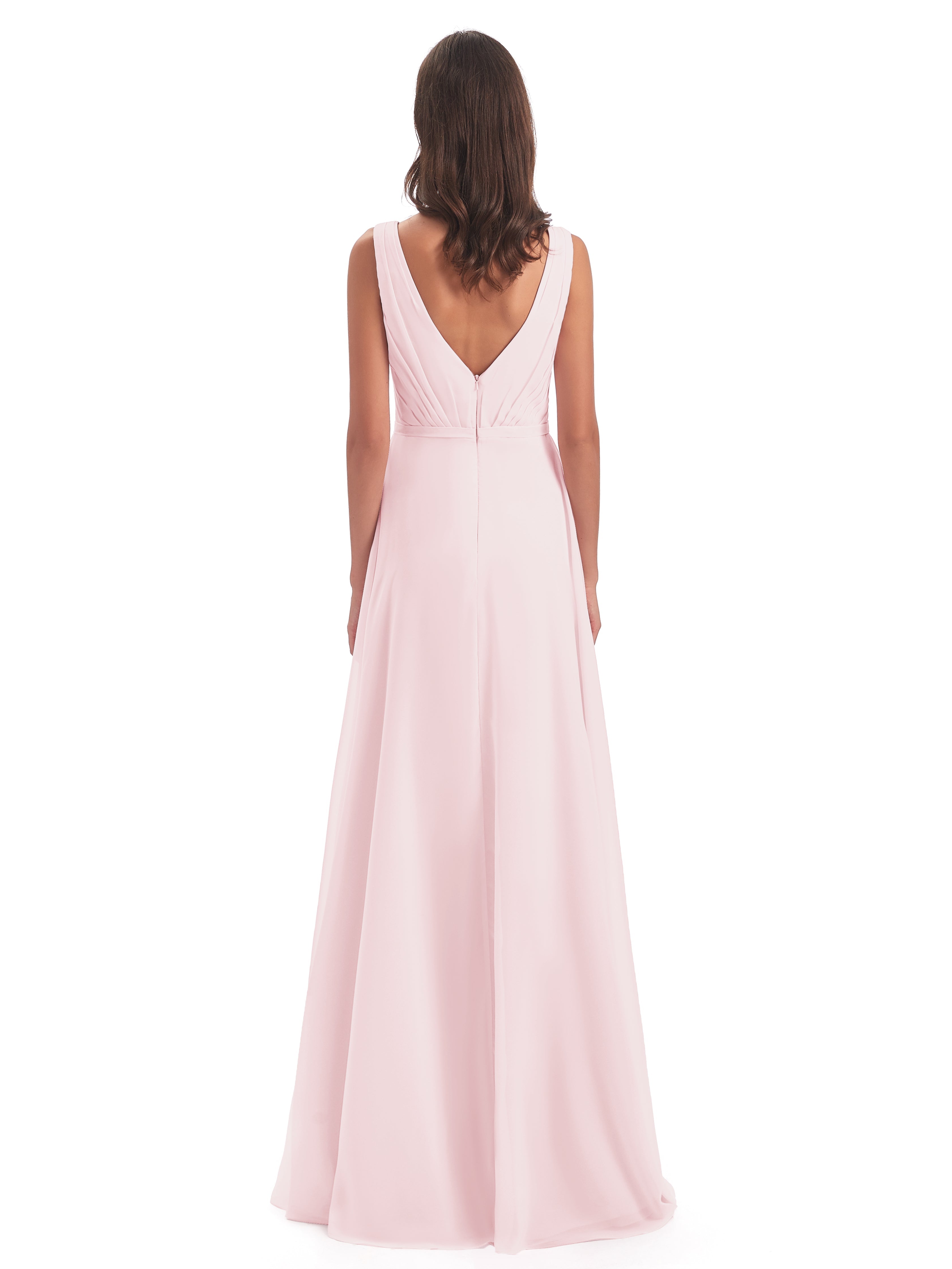 Robe Demoiselle Honneur Rose Pale Col V Mousseline Longue Robes Demoiselle D'Honneur