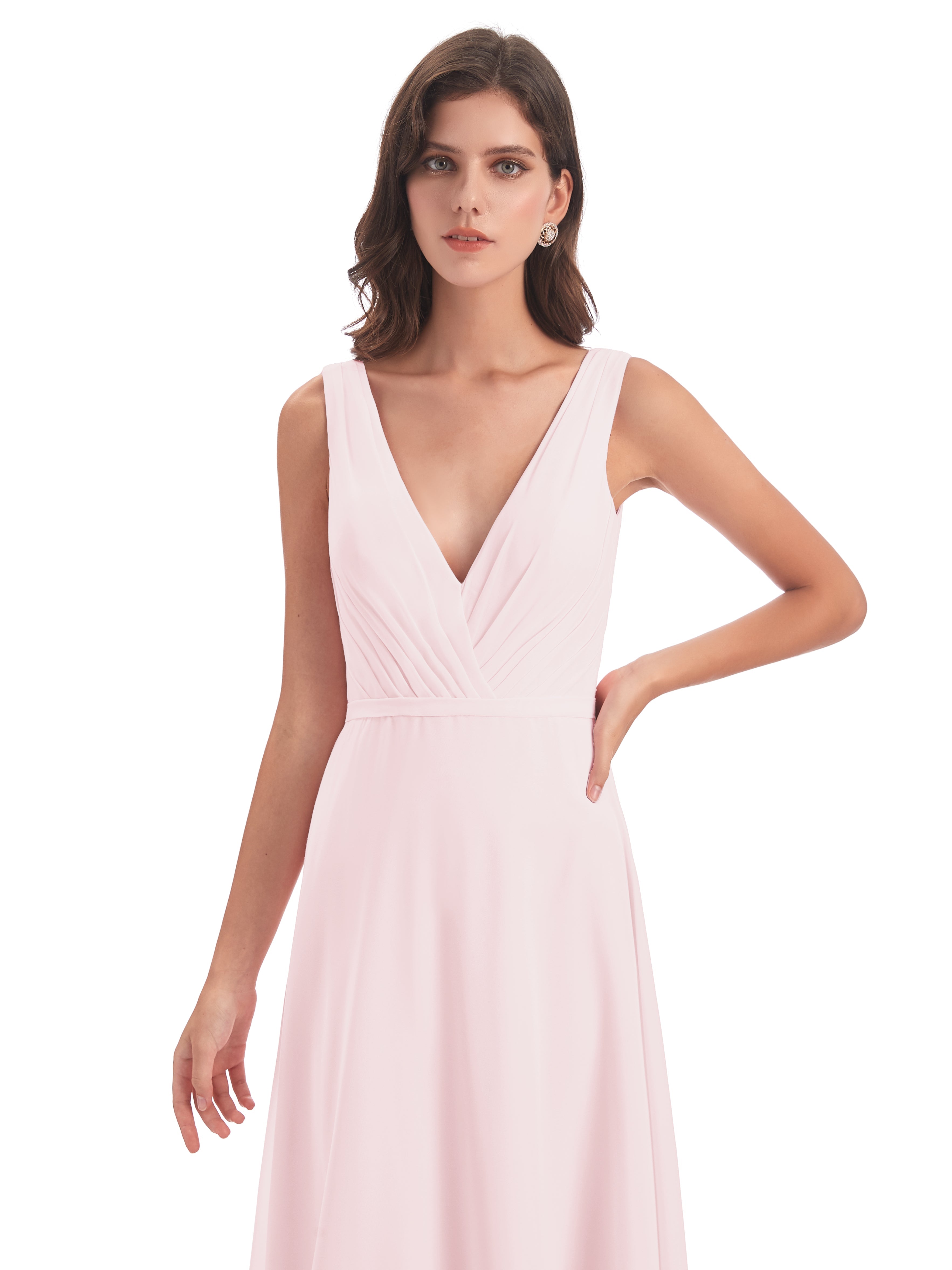 Robe Demoiselle Honneur Rose Pale Col V Mousseline Longue Robes Demoiselle D'Honneur