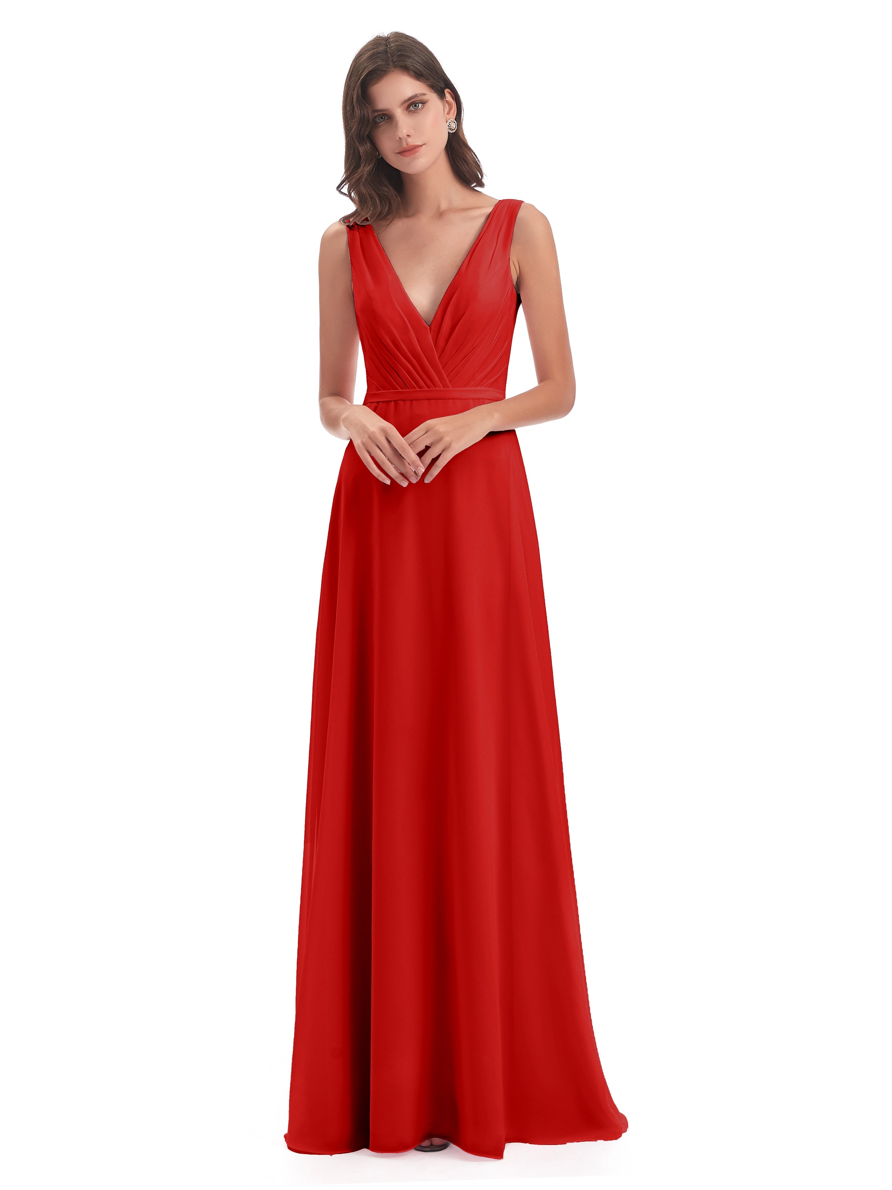 Demoiselle D Honneur Robe Rouge Col V Mousseline Longue Robes Demoiselle D'Honneur