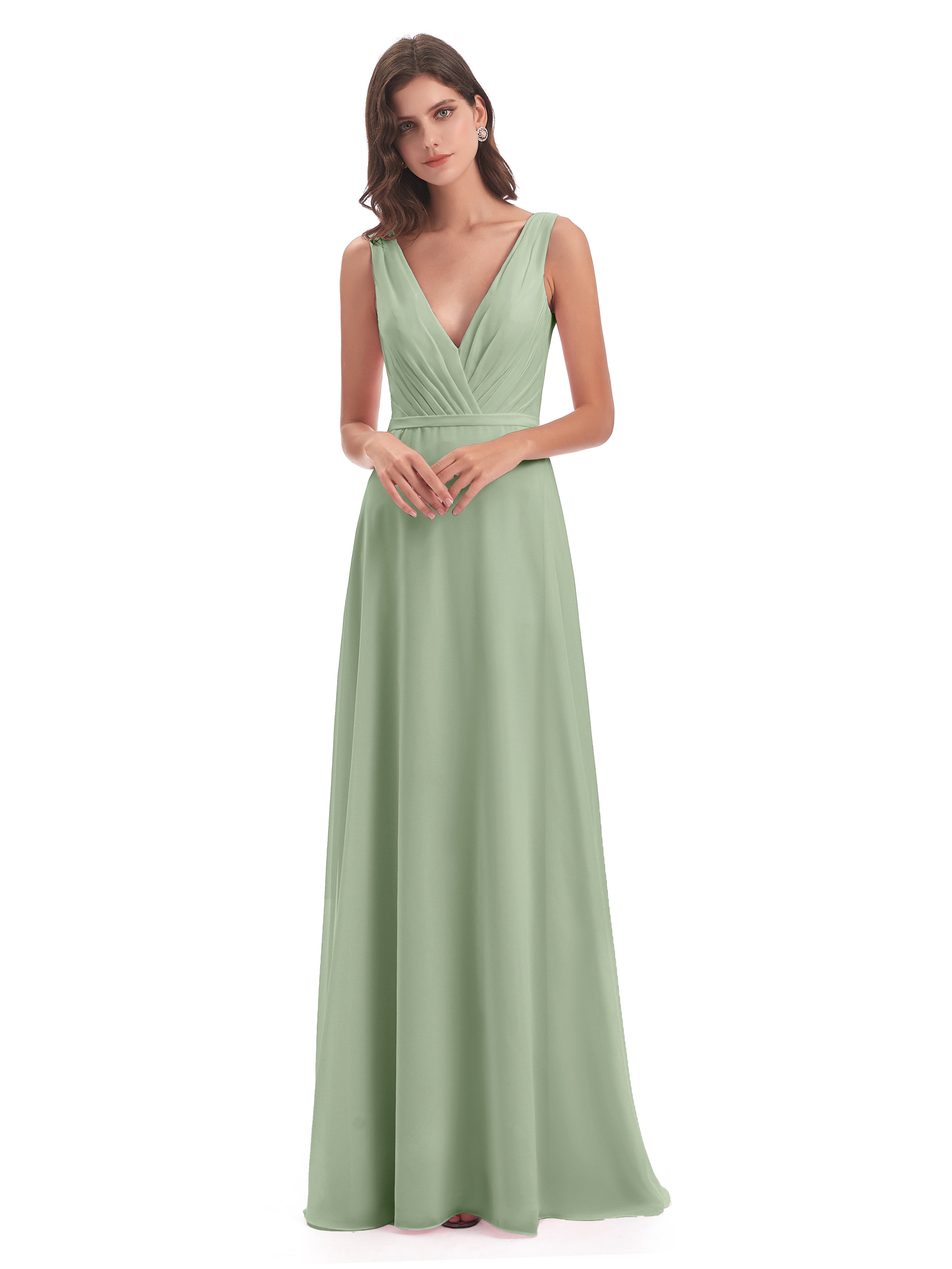 Robes De Demoiselle D'Honneur Vert Sauge Poussiéreux Col V Mousseline Longue Robes Demoiselle D'Honneur