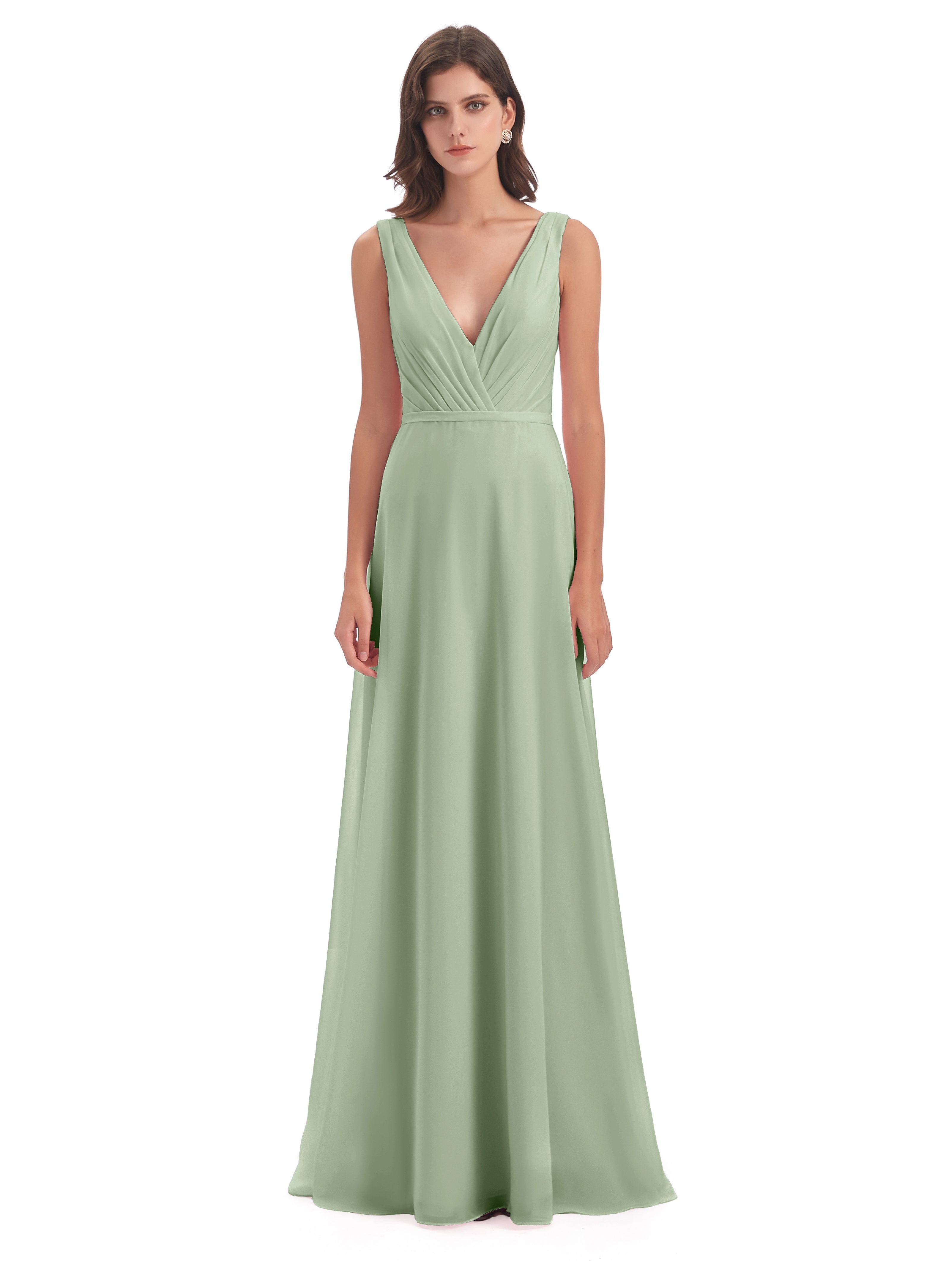 Robes De Demoiselle D'Honneur Vert Sauge Poussiéreux Col V Mousseline Longue Robes Demoiselle D'Honneur