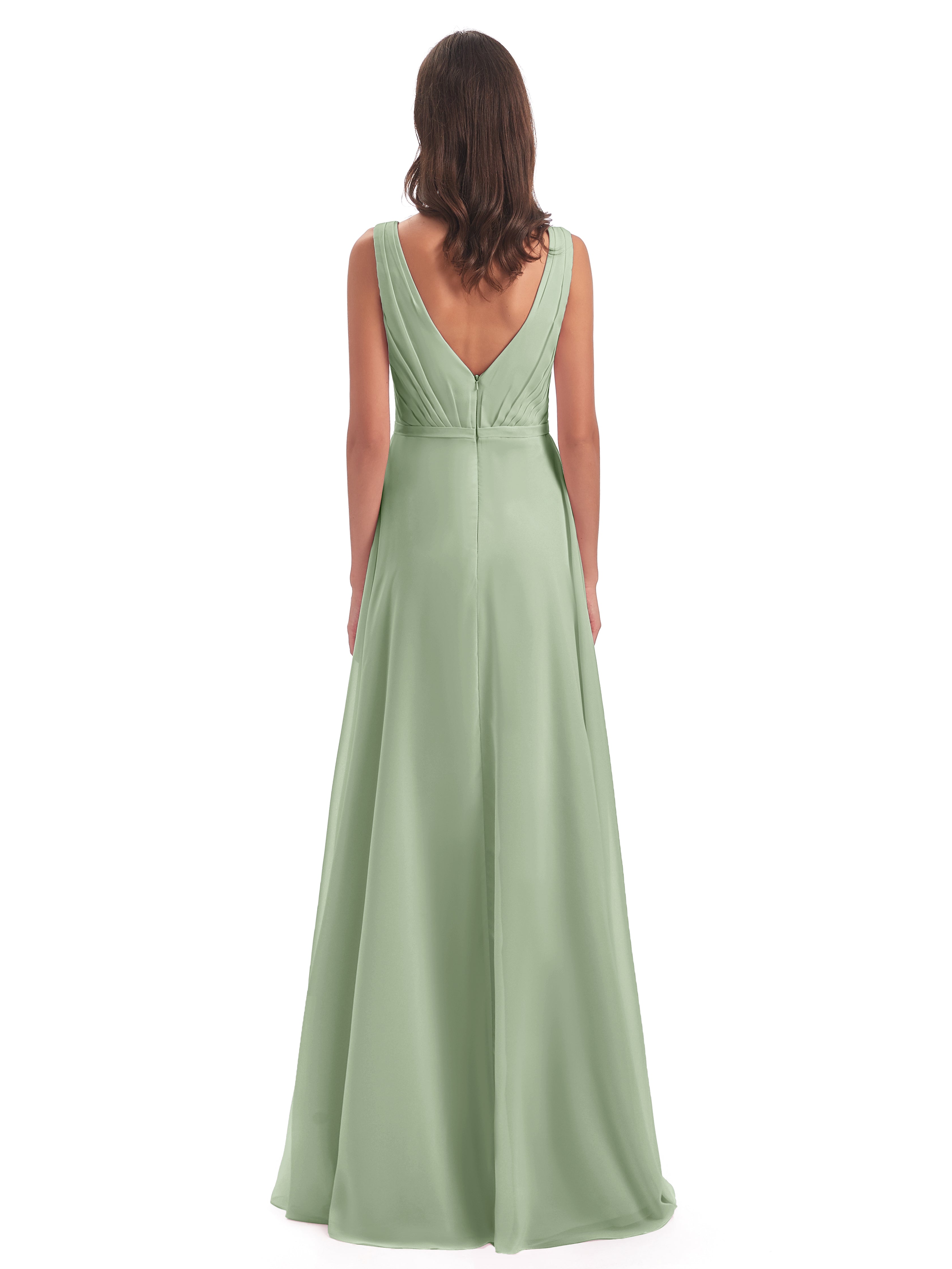 Robes De Demoiselle D'Honneur Vert Sauge Poussiéreux Col V Mousseline Longue Robes Demoiselle D'Honneur