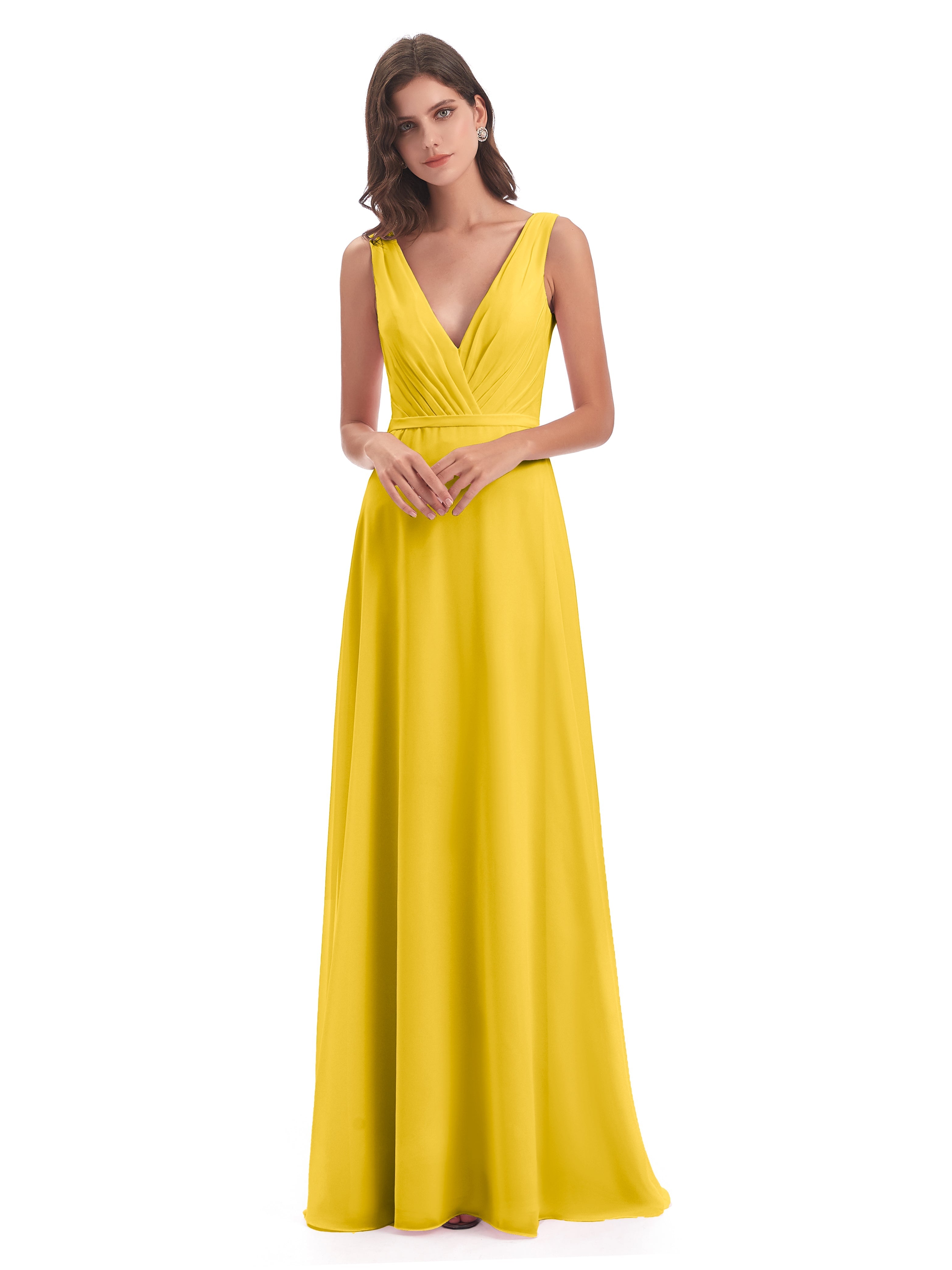 Robe De Demoiselle D'Honneur Souci Col V Mousseline Longue Robes Demoiselle D'Honneur