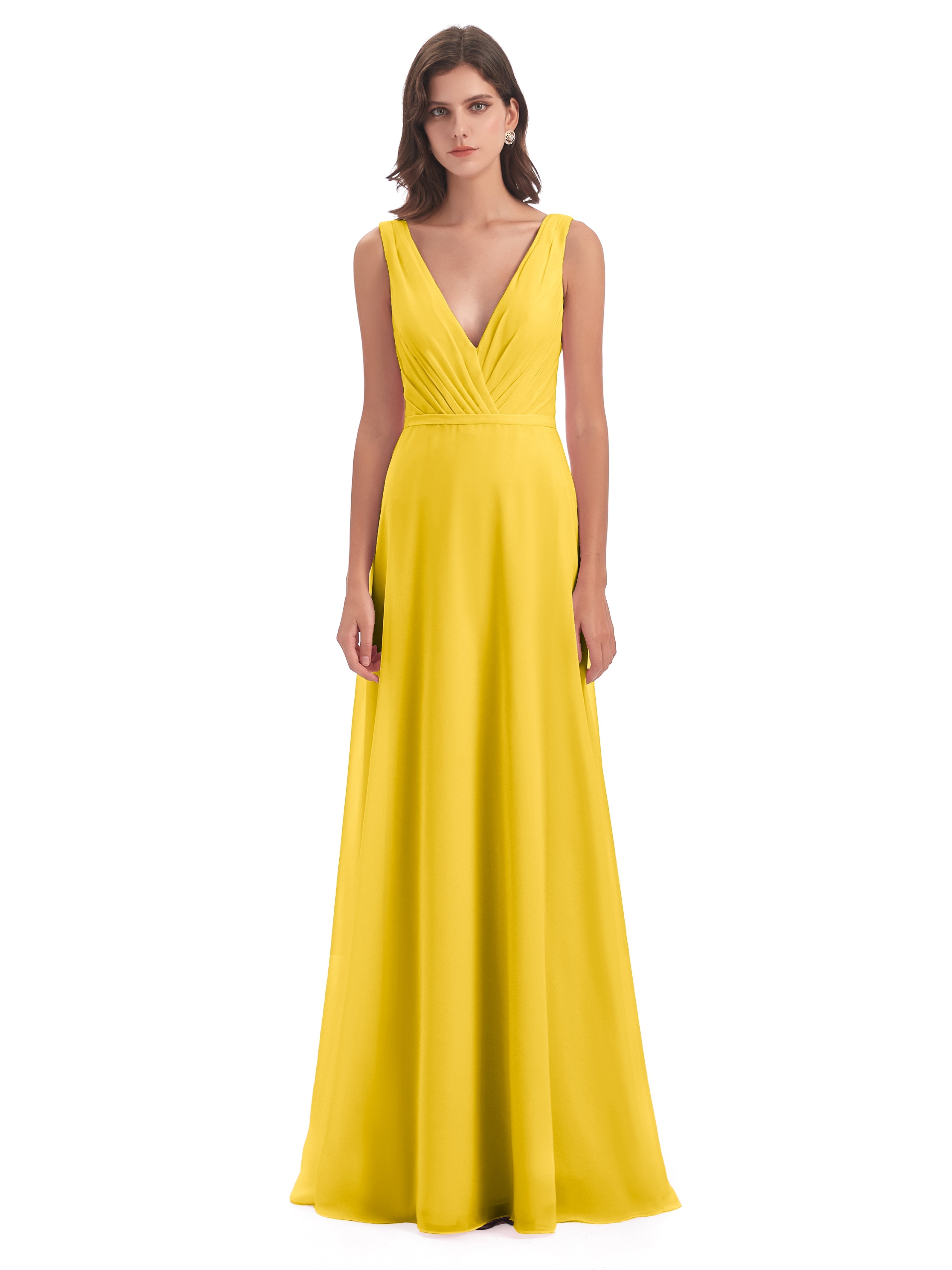 Robe De Demoiselle D'Honneur Souci Col V Mousseline Longue Robes Demoiselle D'Honneur