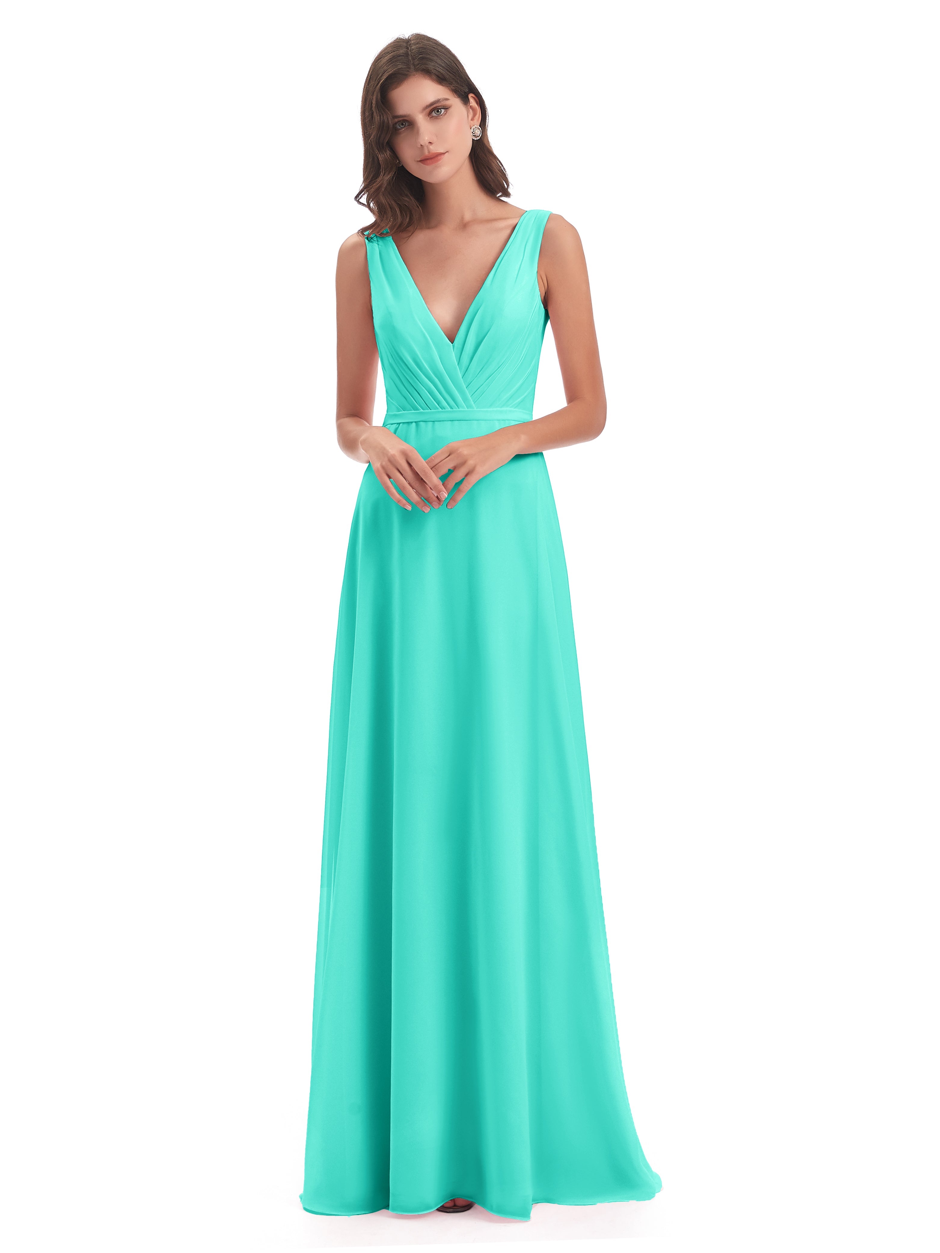 Robes De Demoiselle D'Honneur Spa Col V Mousseline Longue Robes Demoiselle D'Honneur