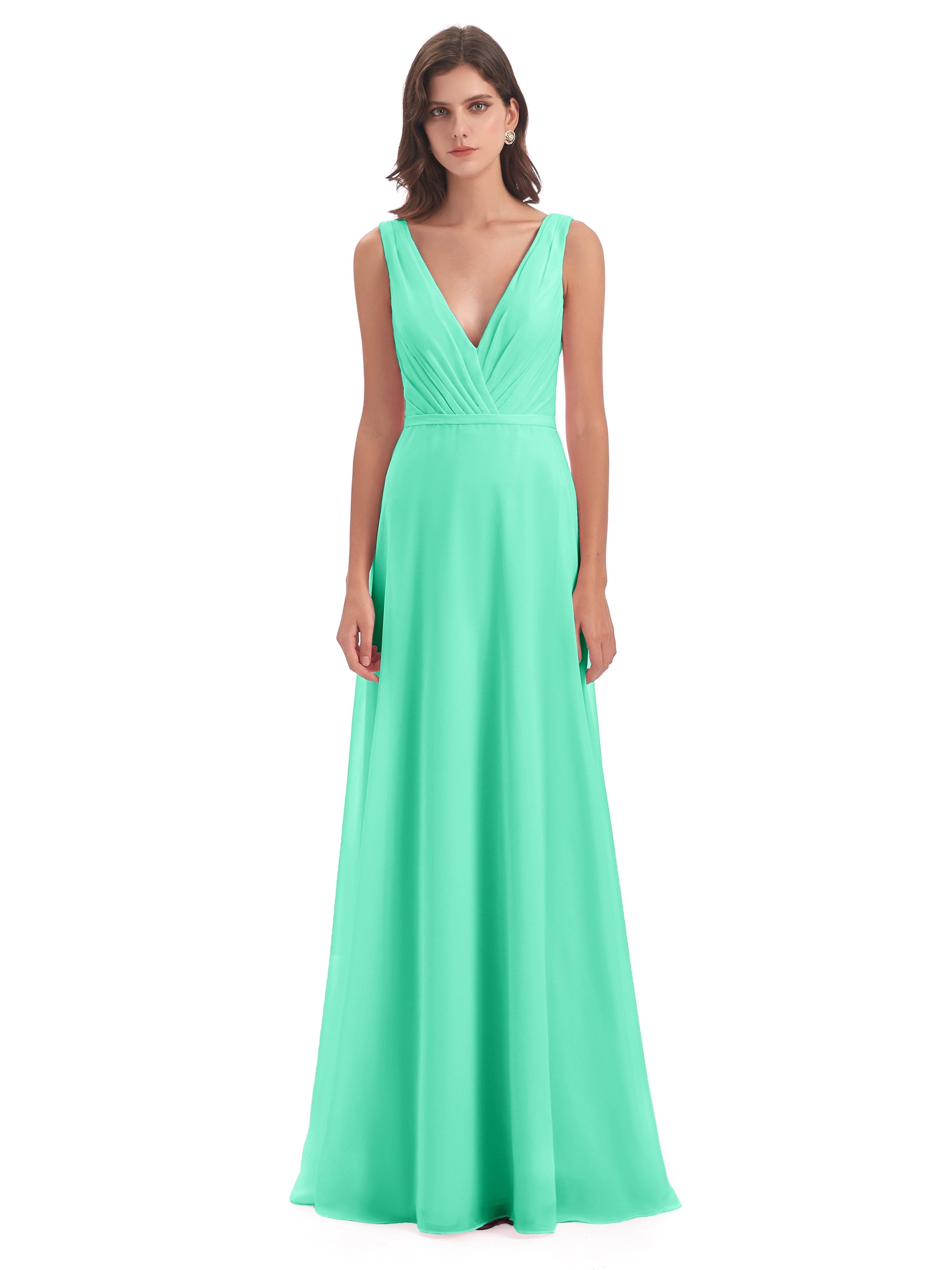 Robe Demoiselle D Honneur Bleu Turquoise Col V Mousseline Longue Robes Demoiselle D'Honneur