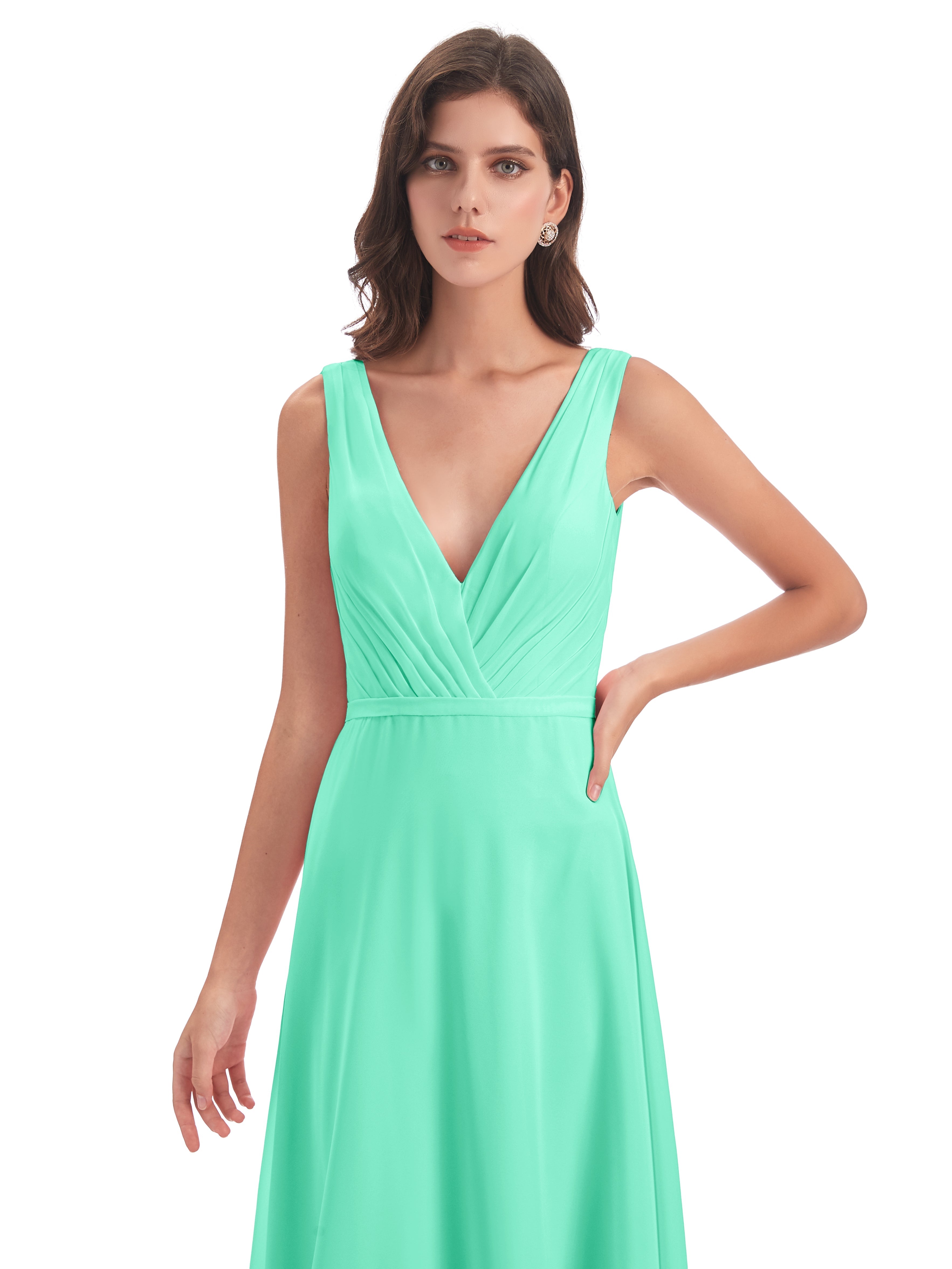 Robe Demoiselle D Honneur Bleu Turquoise Col V Mousseline Longue Robes Demoiselle D'Honneur