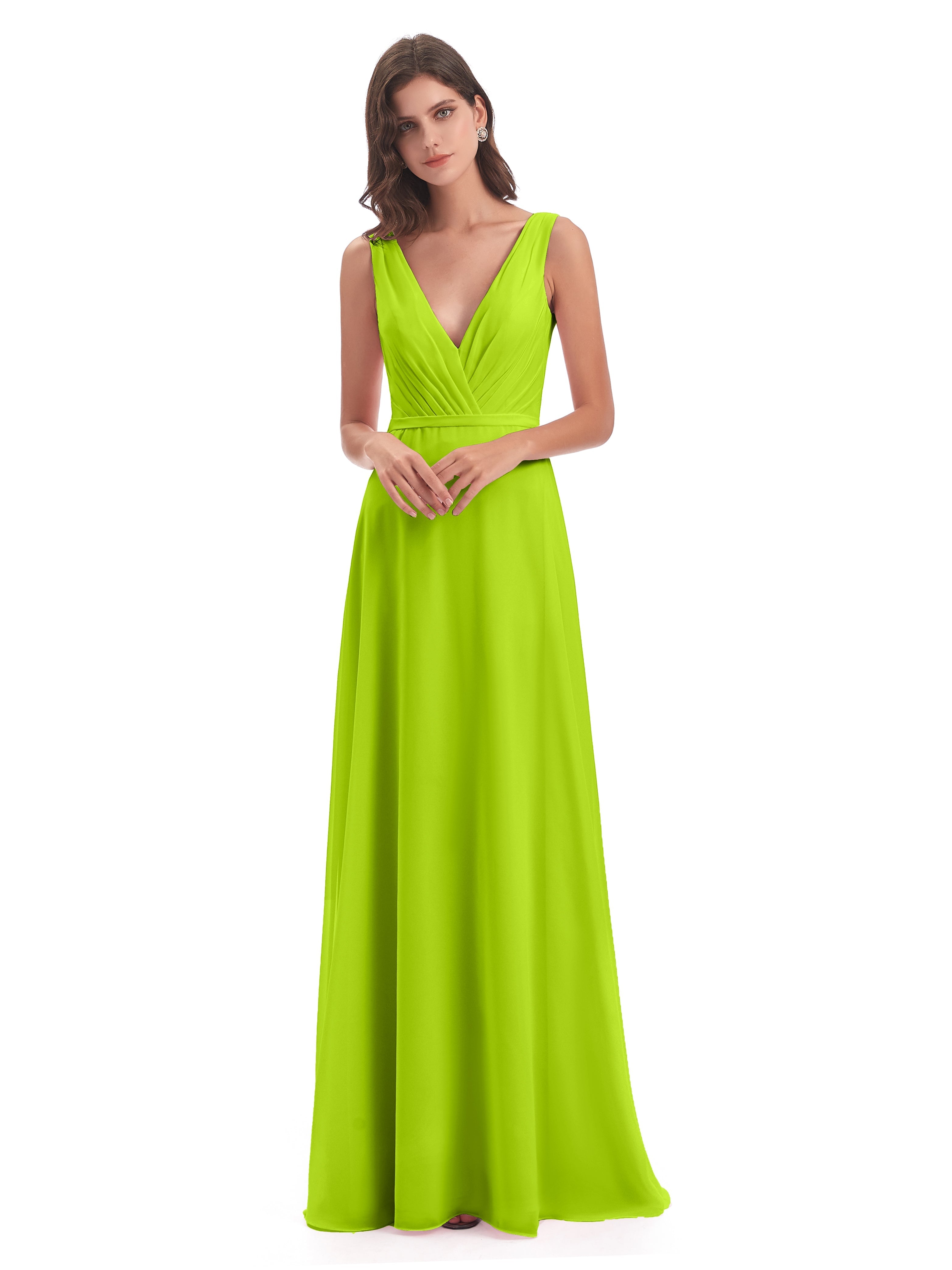 Robes De Demoiselle D'Honneur Vert Citron Col V Mousseline Longue Robes Demoiselle D'Honneur