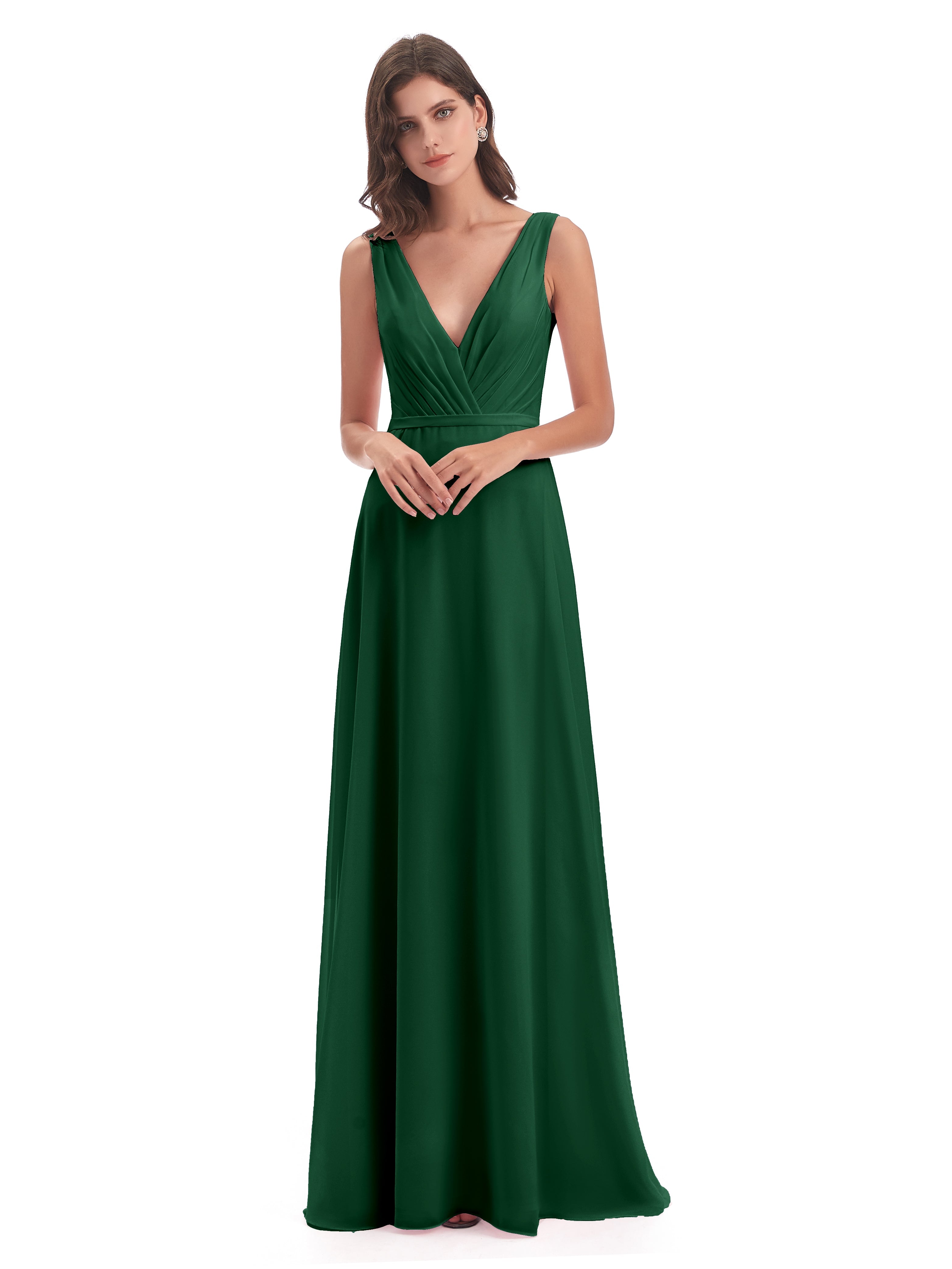 Robes De Demoiselle D'Honneur Vert Foncé Col V Mousseline Longue Robes Demoiselle D'Honneur
