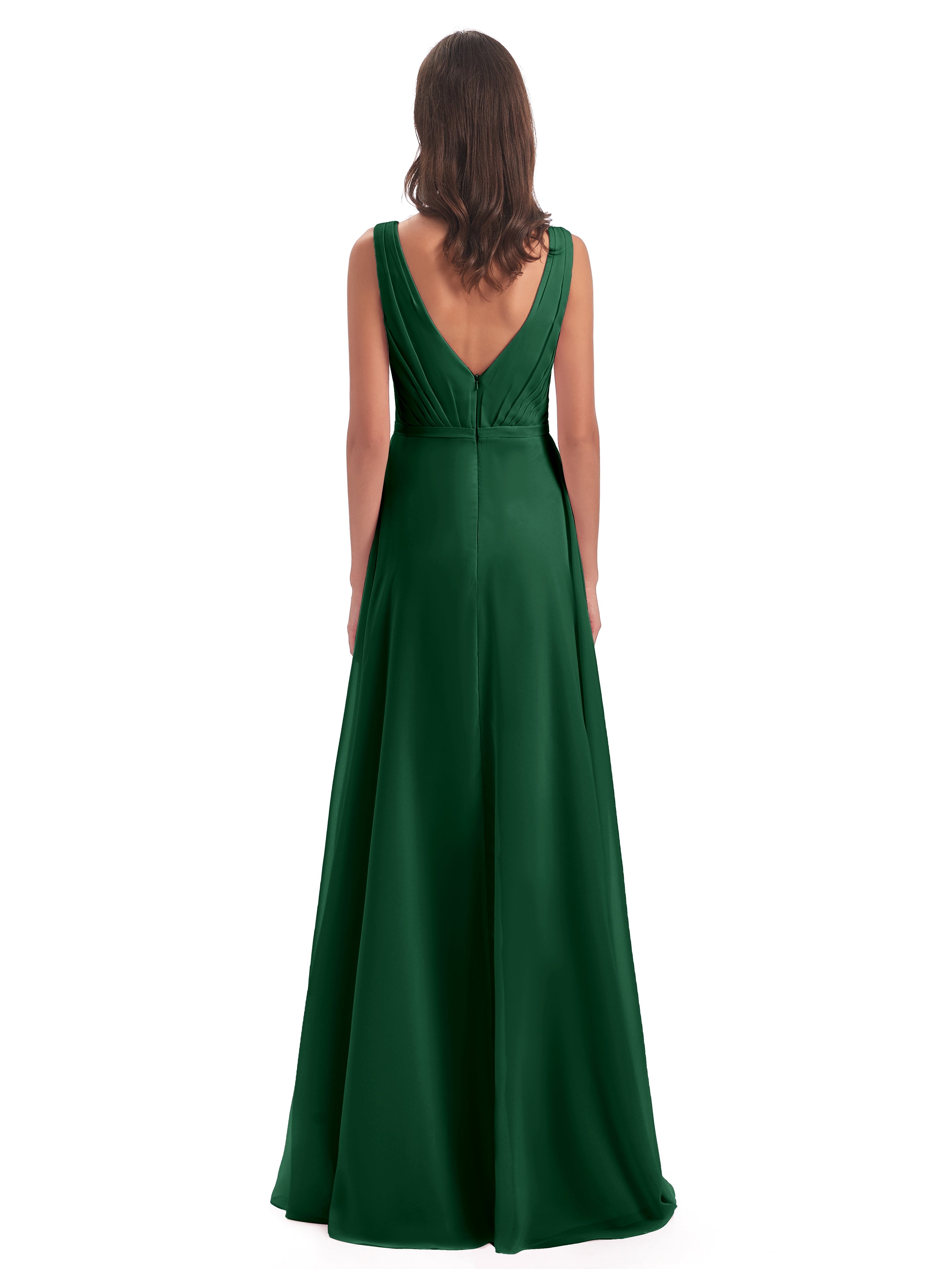 Robes De Demoiselle D'Honneur Vert Foncé Col V Mousseline Longue Robes Demoiselle D'Honneur
