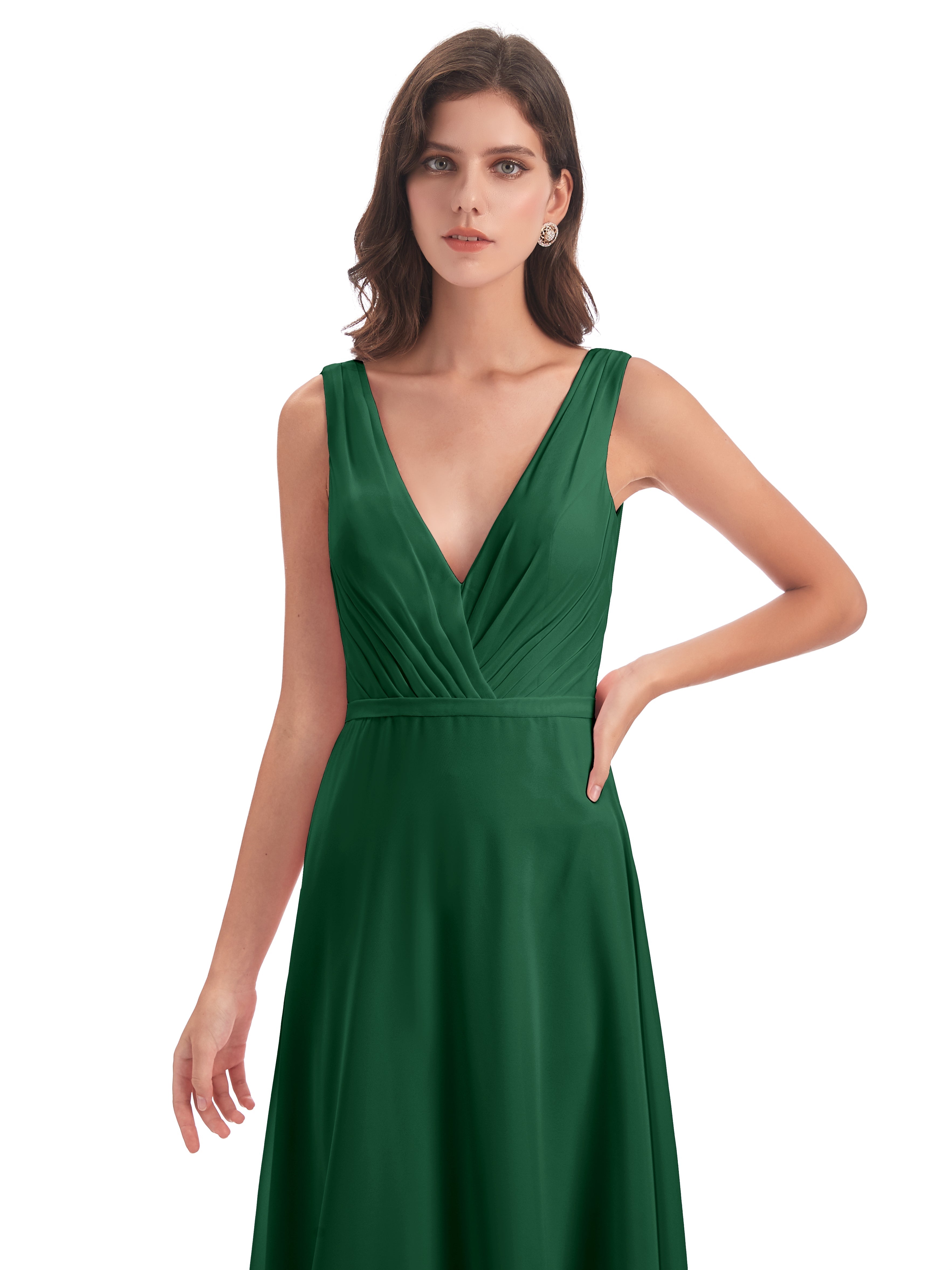 Robes De Demoiselle D'Honneur Vert Foncé Col V Mousseline Longue Robes Demoiselle D'Honneur