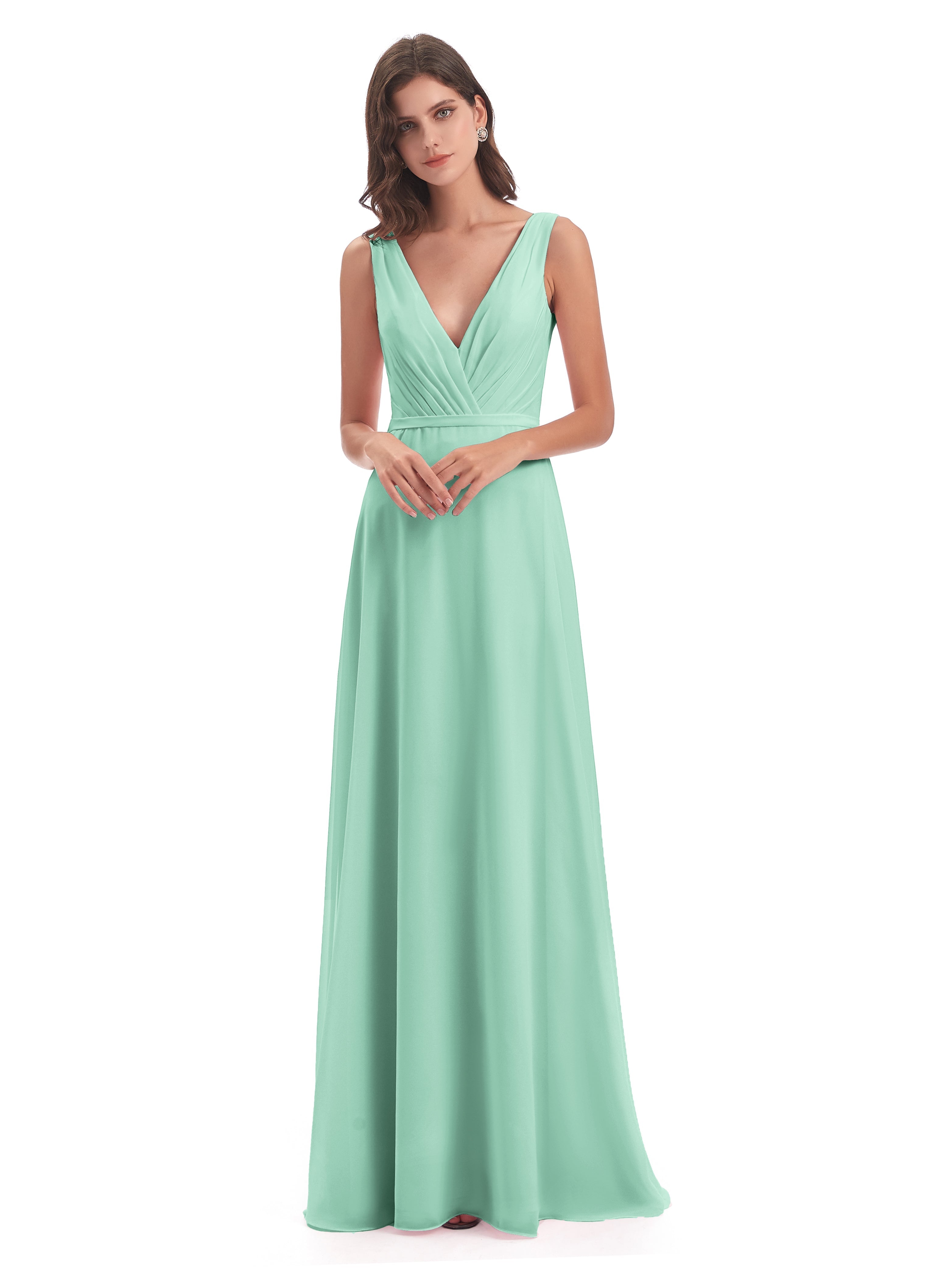 Robes De Demoiselle D'Honneur Vert Menthe Col V Mousseline Longue Robes Demoiselle D'Honneur
