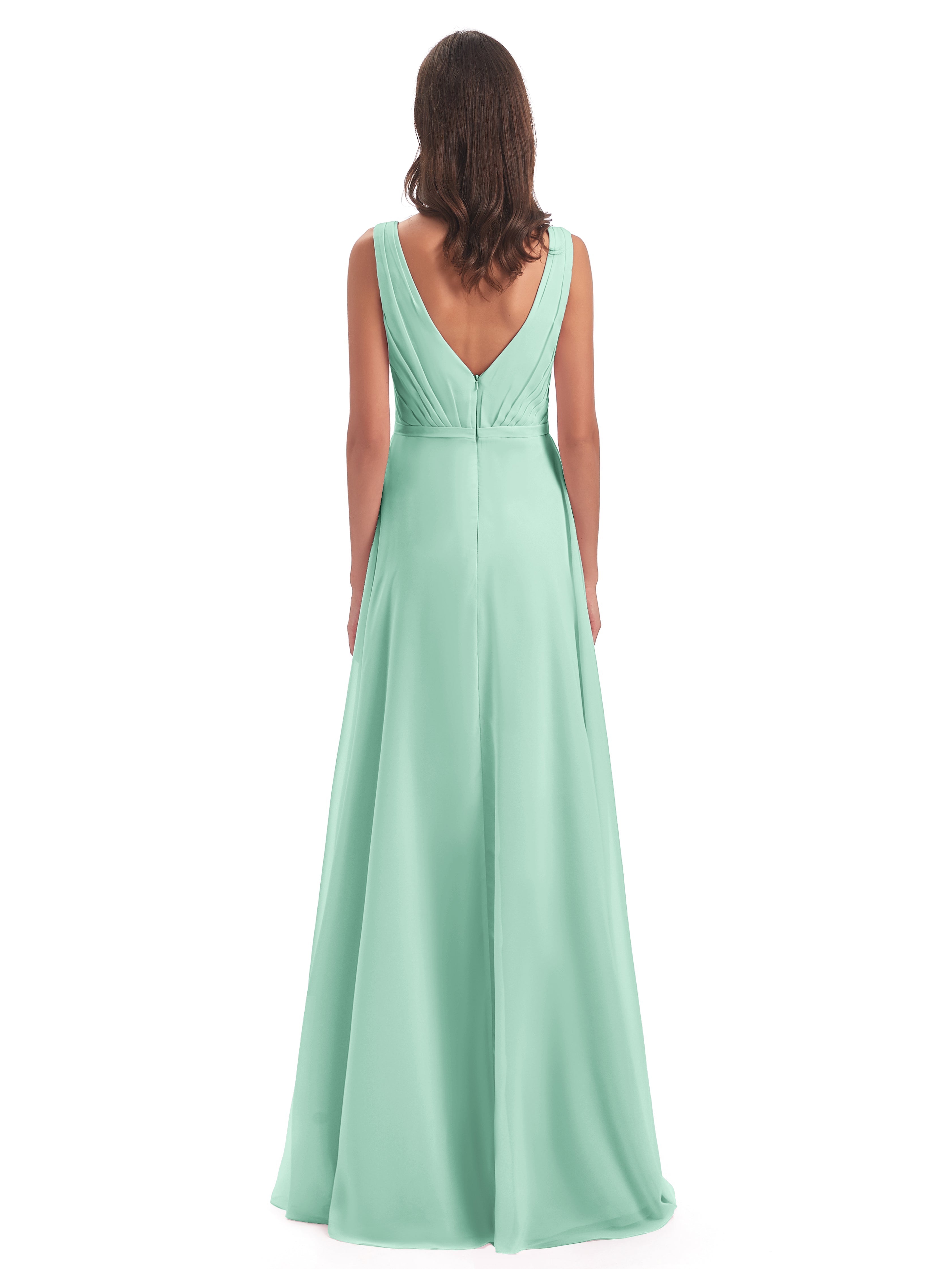 Robes De Demoiselle D'Honneur Vert Menthe Col V Mousseline Longue Robes Demoiselle D'Honneur