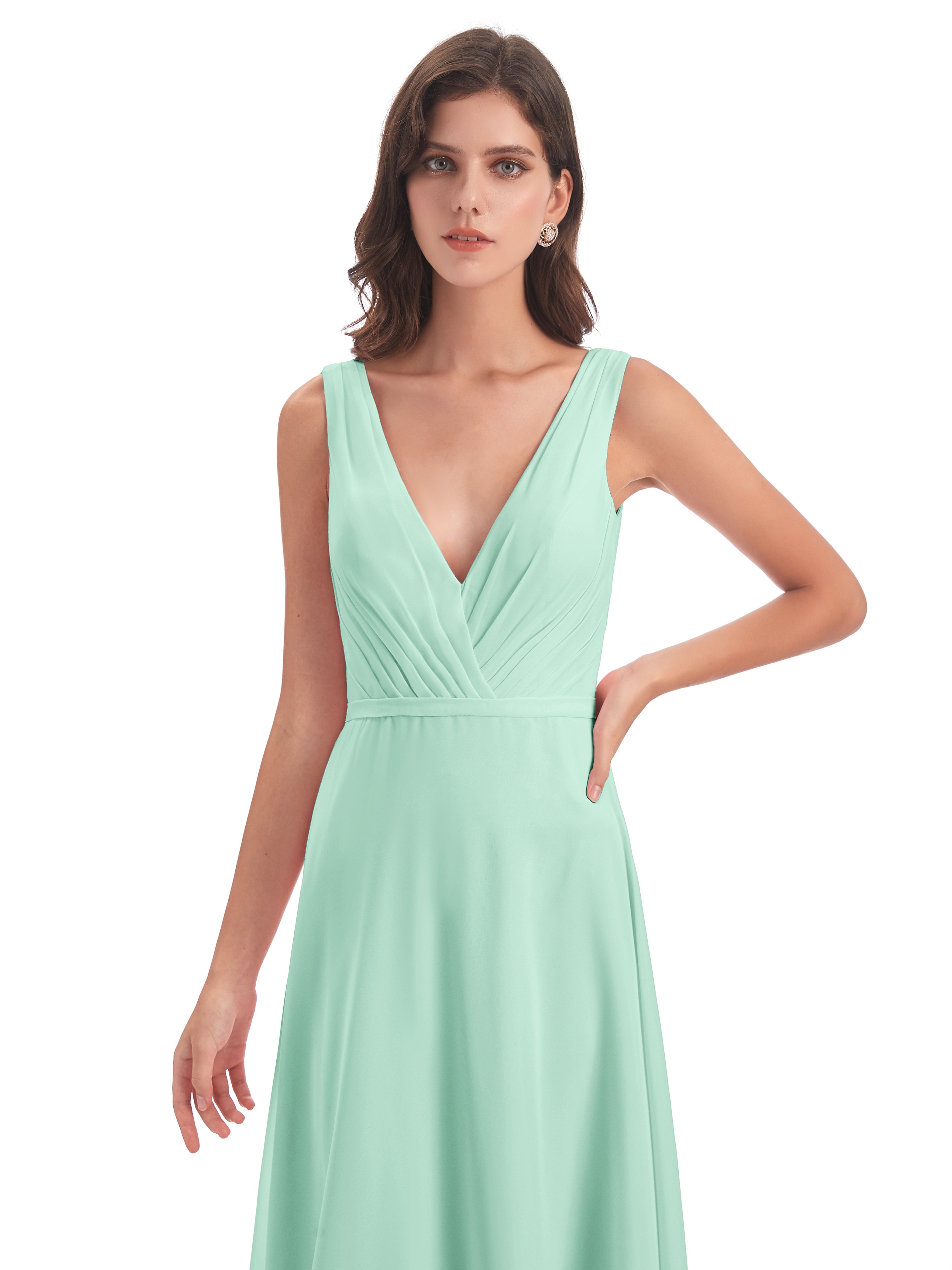Robes De Demoiselle D'Honneur Vert Menthe Col V Mousseline Longue Robes Demoiselle D'Honneur