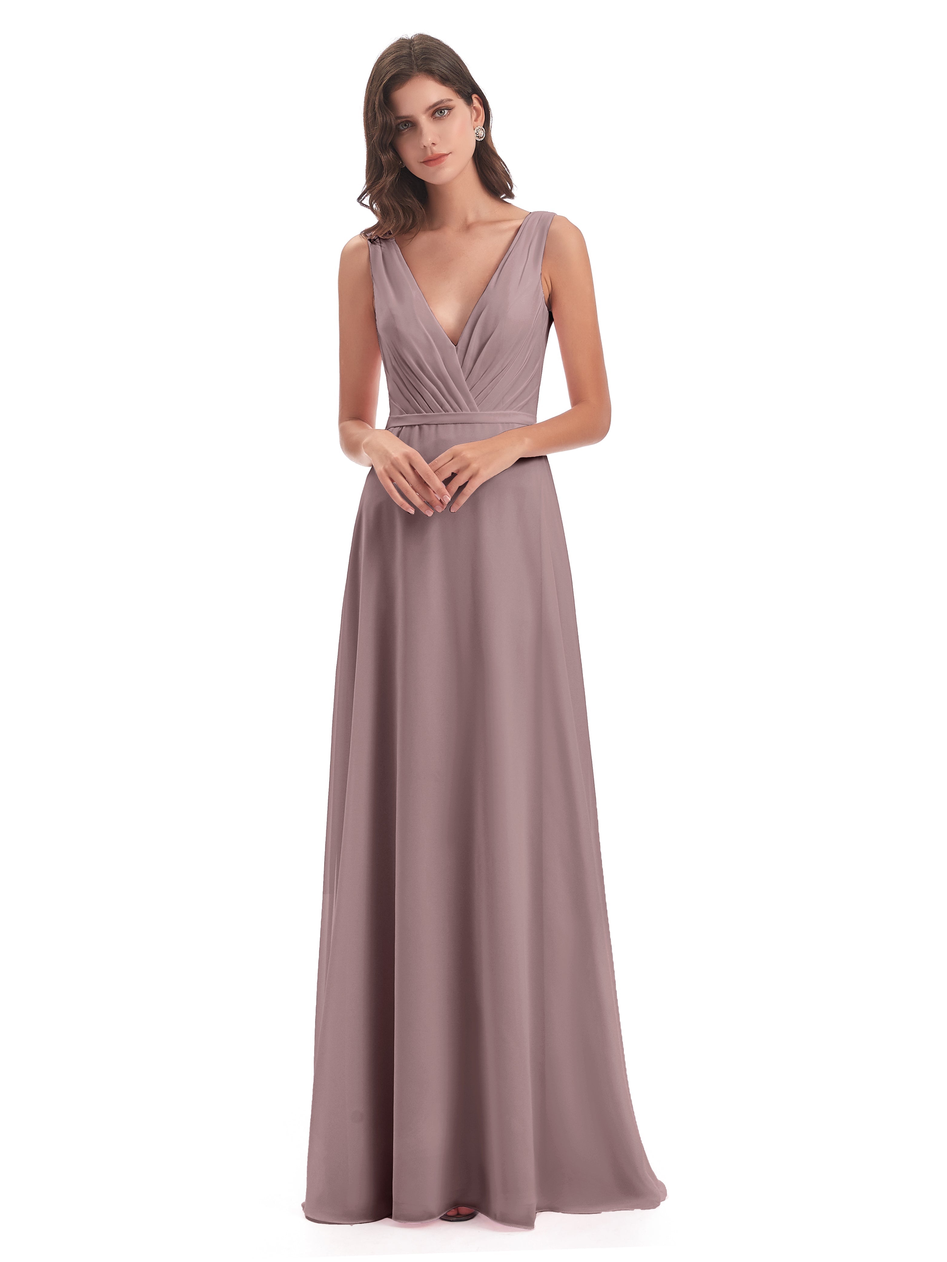 Robes De Demoiselle D'Honneur Vintage Mauve Col V Mousseline Longue Robes Demoiselle D'Honneur