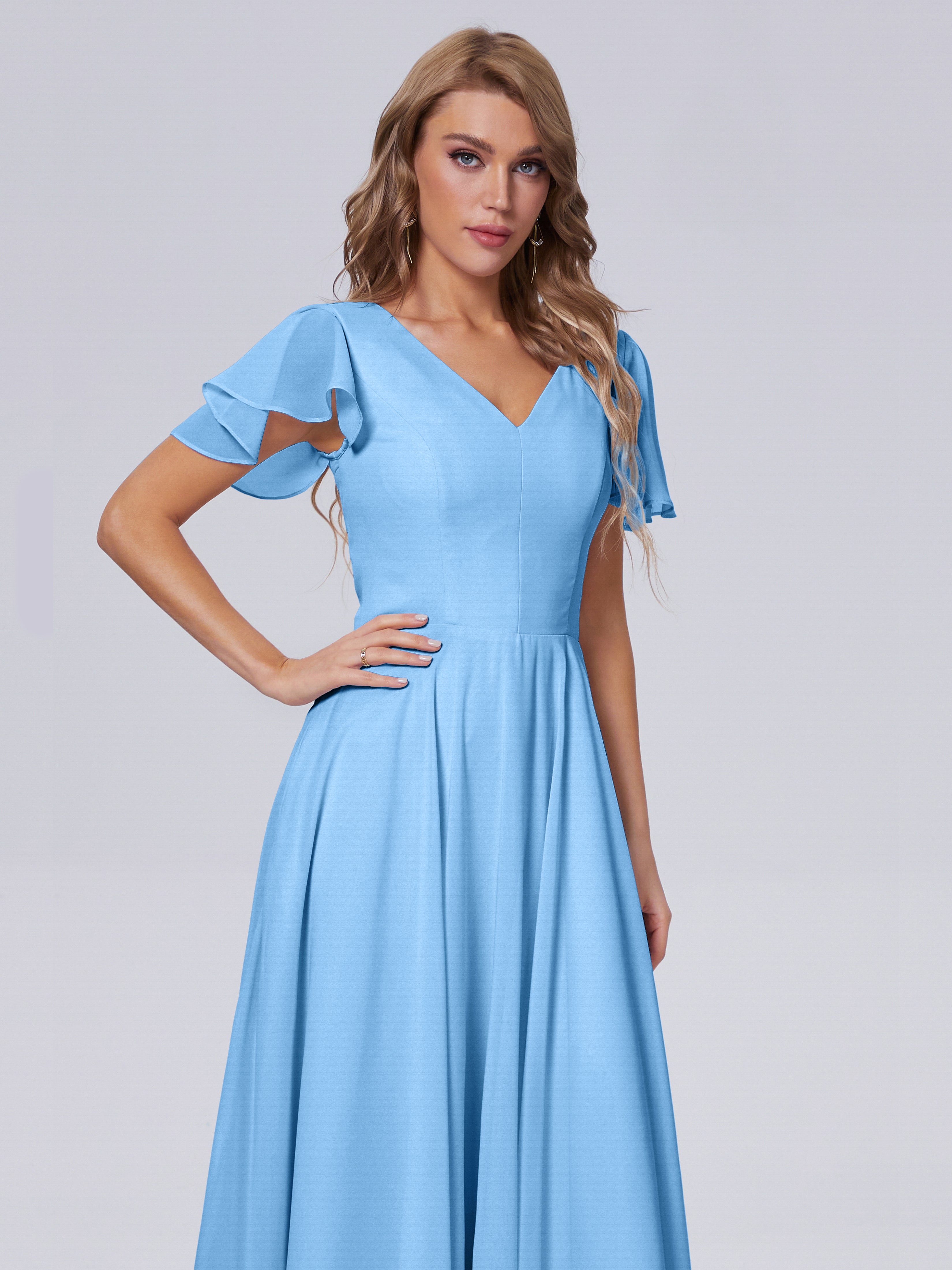 Robes De Demoiselle D'Honneur Bleu Clair Longues Manches Courtes Mousseline Robes Demoiselle D'Honneur