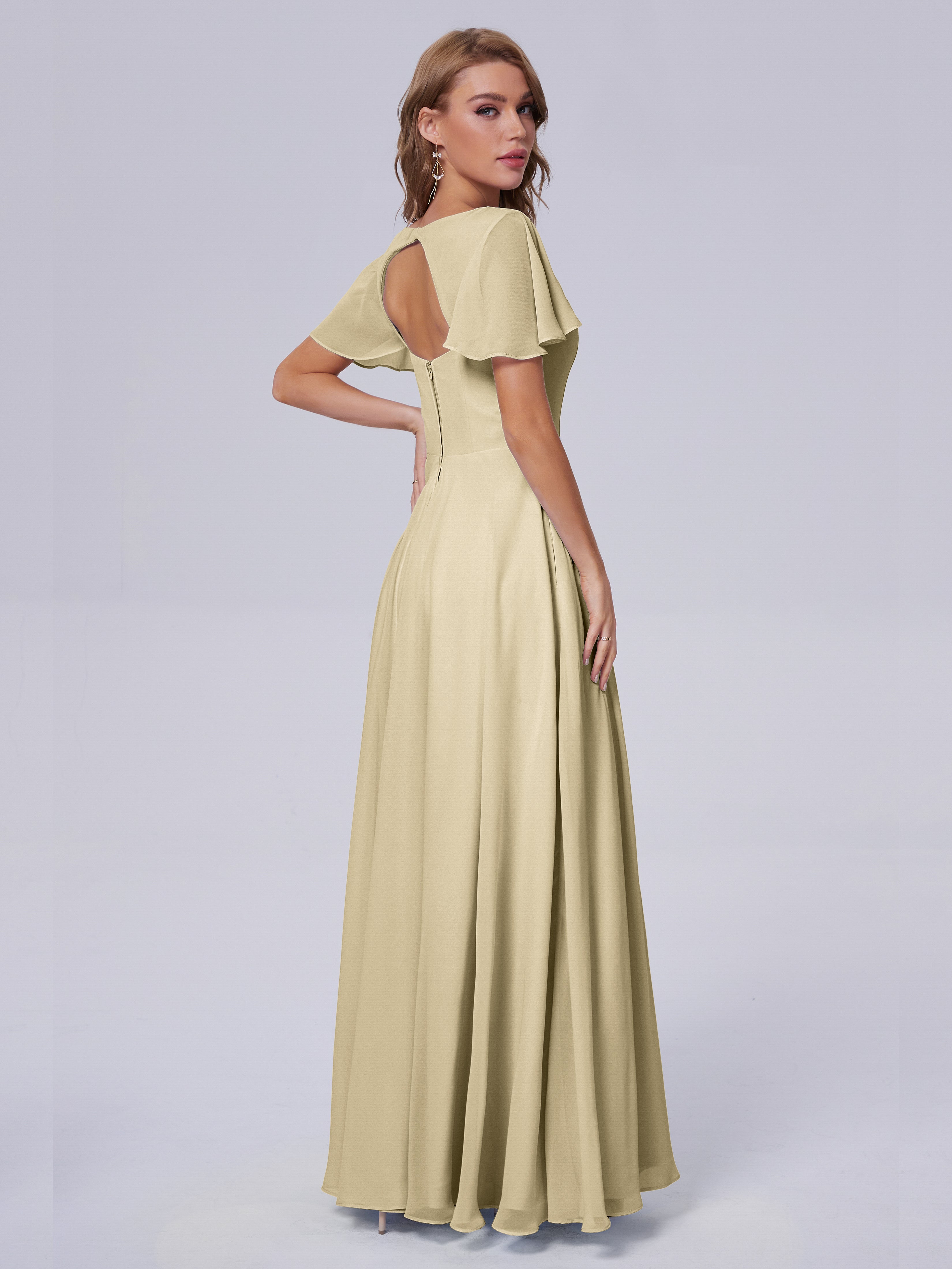 Robe Demoiselle D Honneur Couleur Champagne Manches Courtes Mousseline Robes Demoiselle D'Honneur