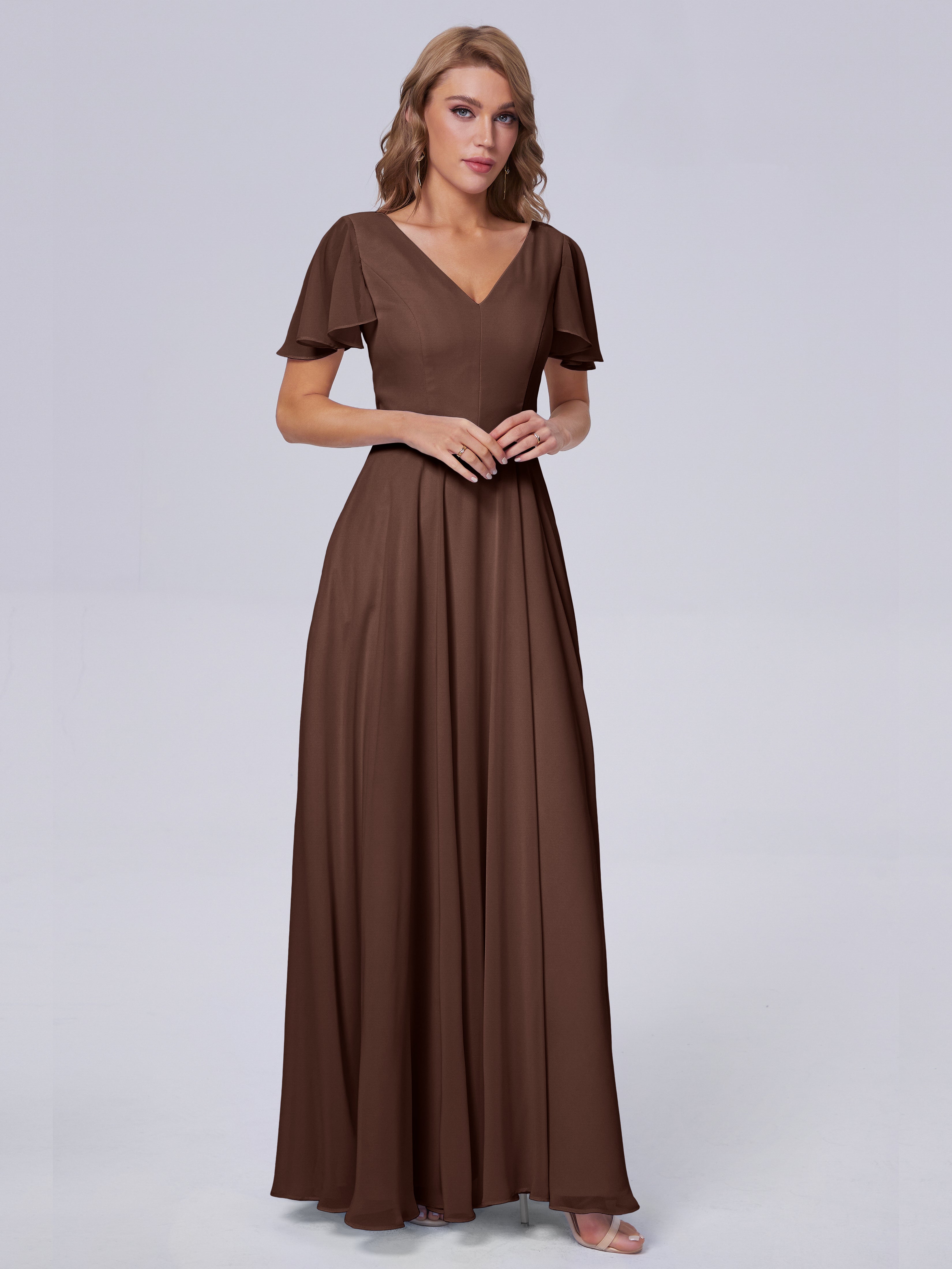 Robe Marron Chocolat Demoiselle D Honneur Manches Courtes Mousseline Robes Demoiselle D'Honneur