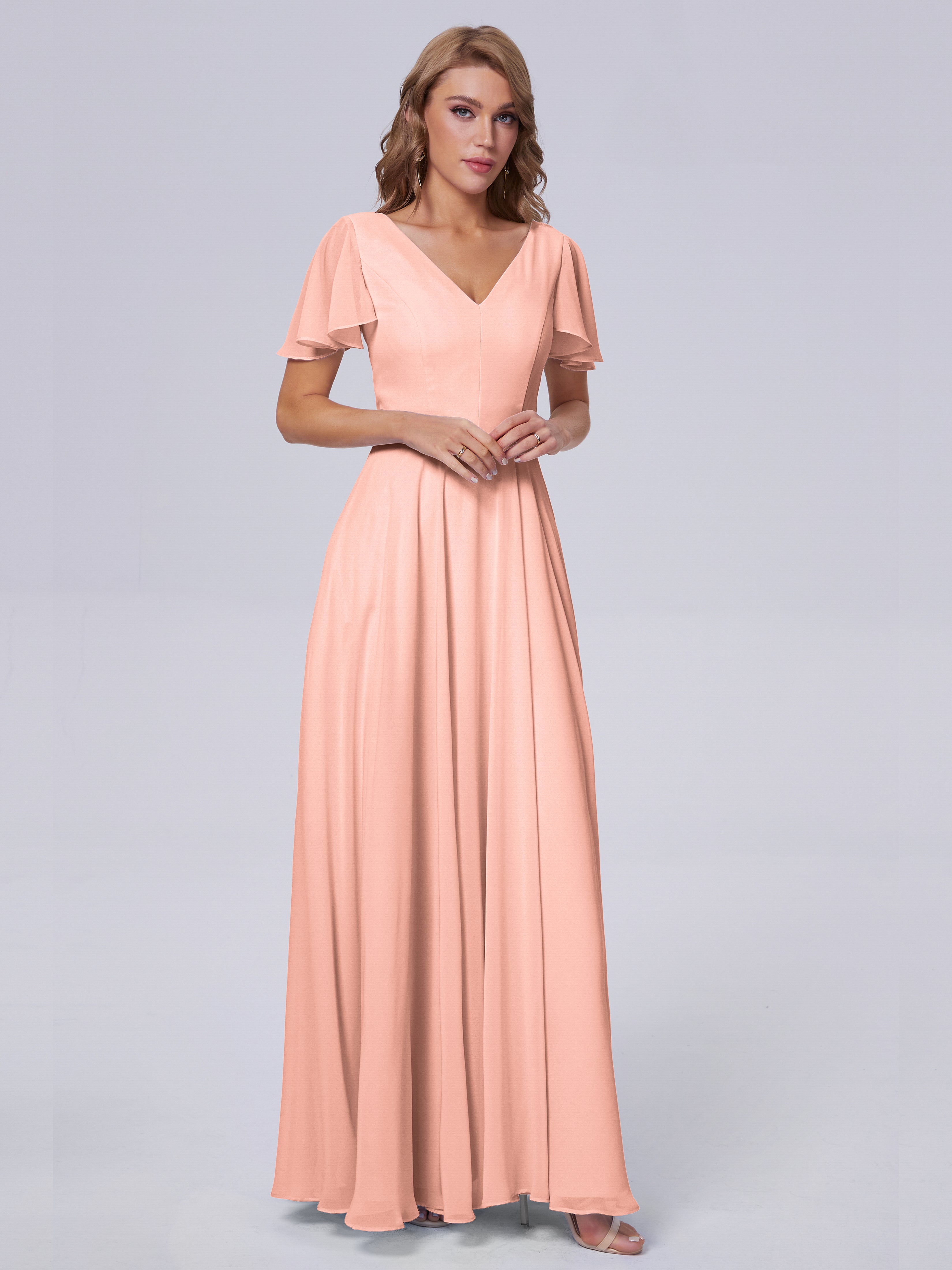 Robe Corail Demoiselle D Honneur Manches Courtes Mousseline Robes Demoiselle D'Honneur