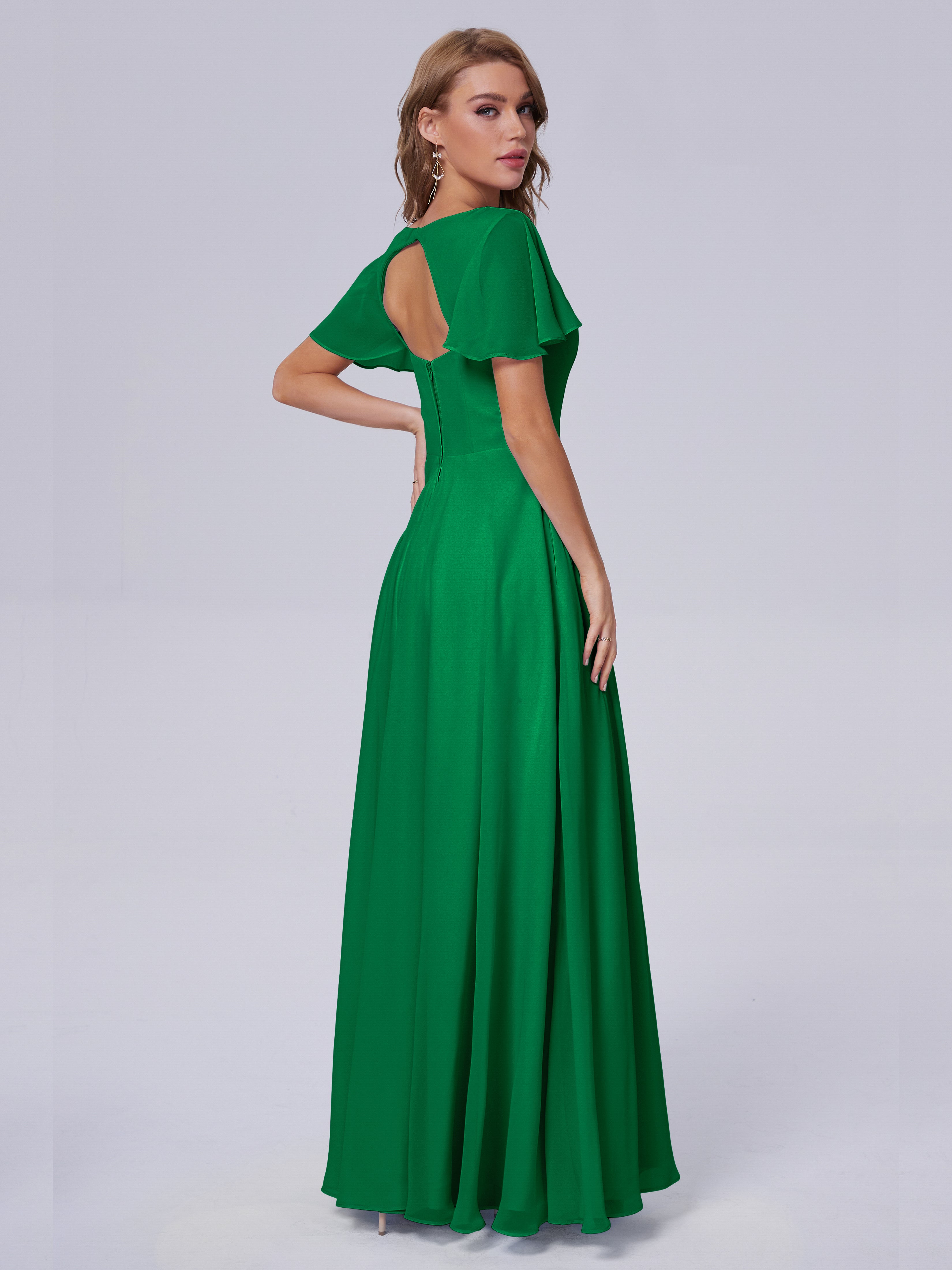 Robe Demoiselle D Honneur Vert Émeraude Manches Courtes Mousseline Robes Demoiselle D'Honneur