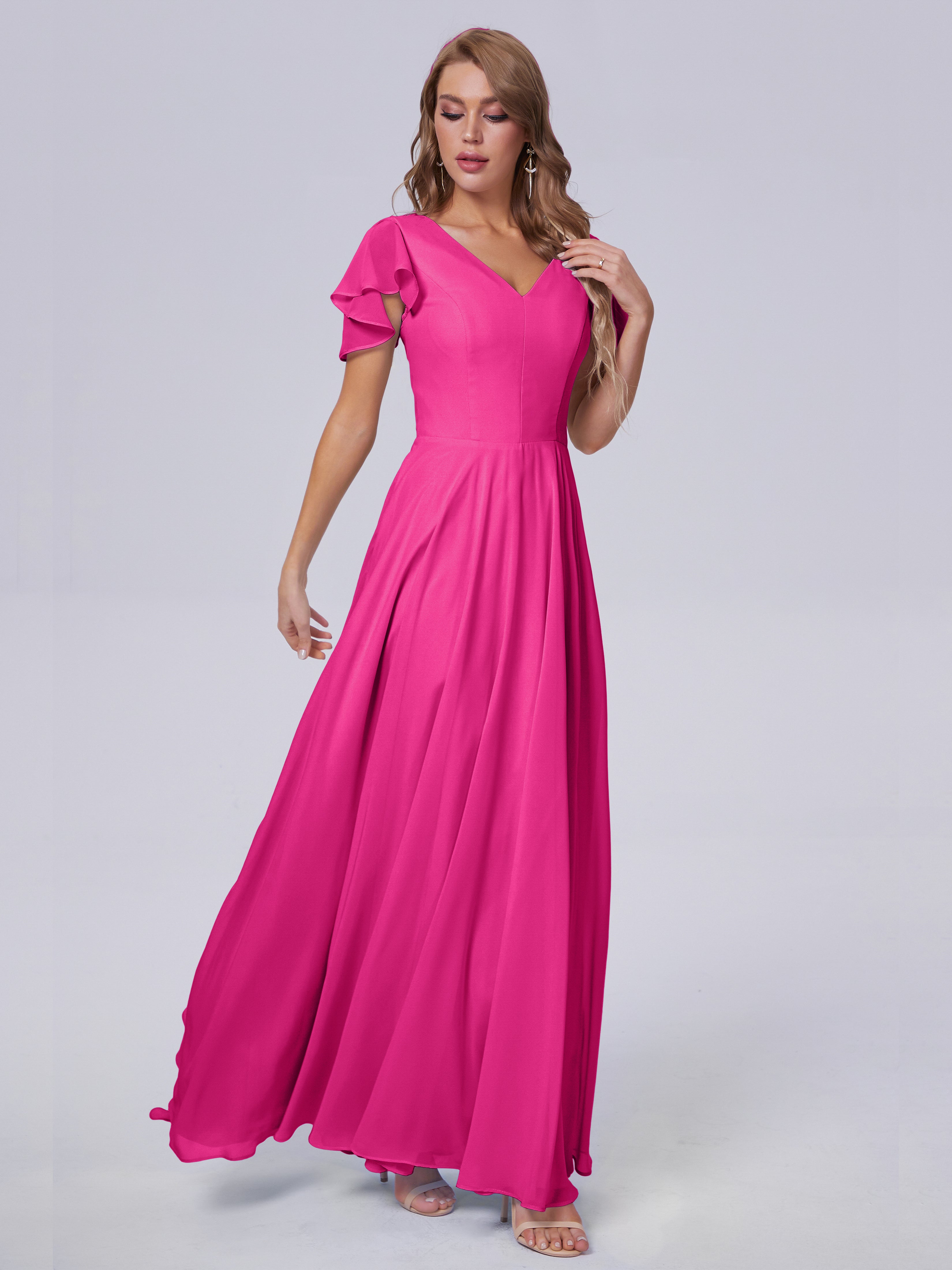 Robe Demoiselle D Honneur Fuchsia Manches Courtes Mousseline Robes Demoiselle D'Honneur