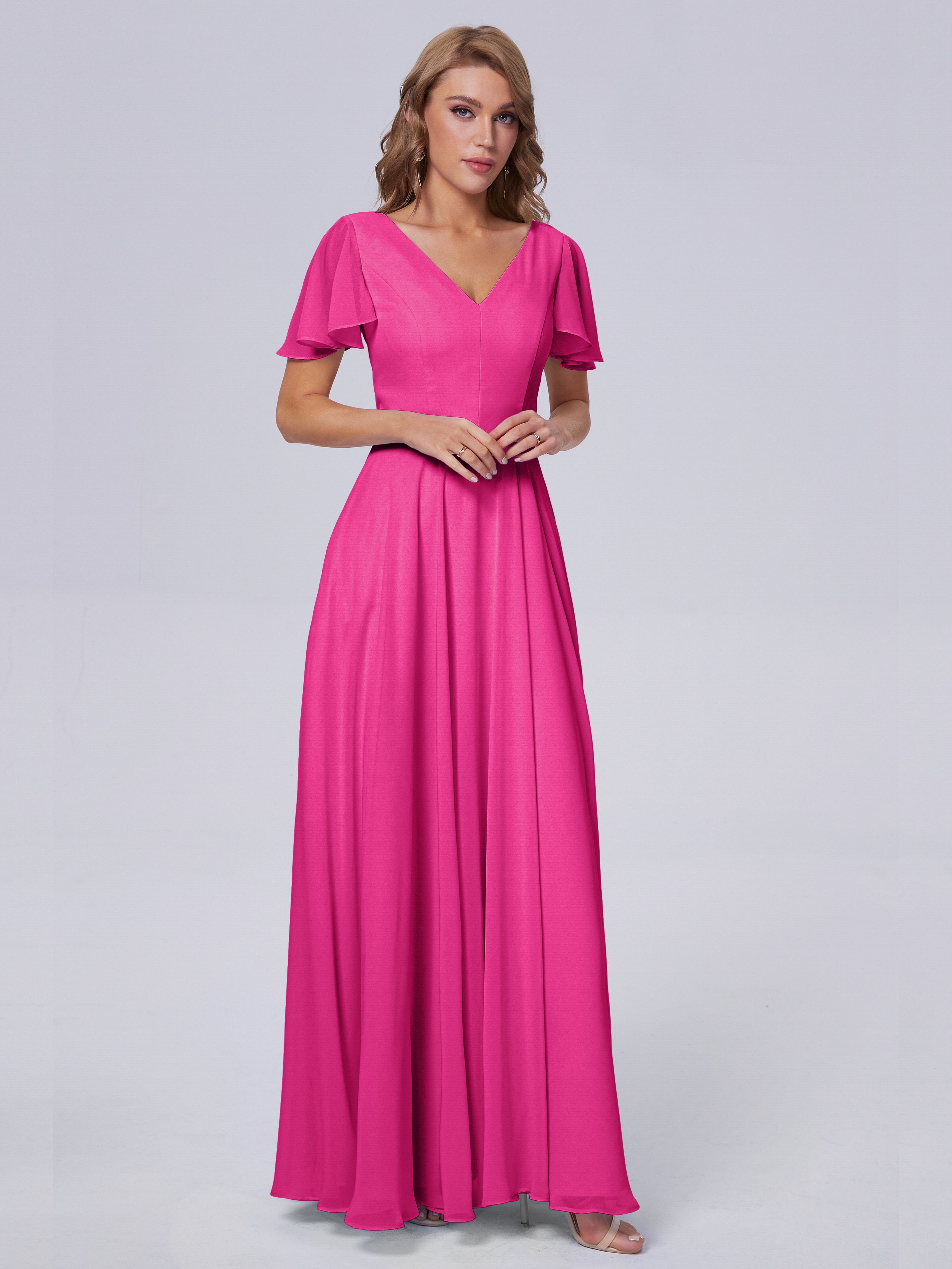 Robe Demoiselle D Honneur Fuchsia Manches Courtes Mousseline Robes Demoiselle D'Honneur