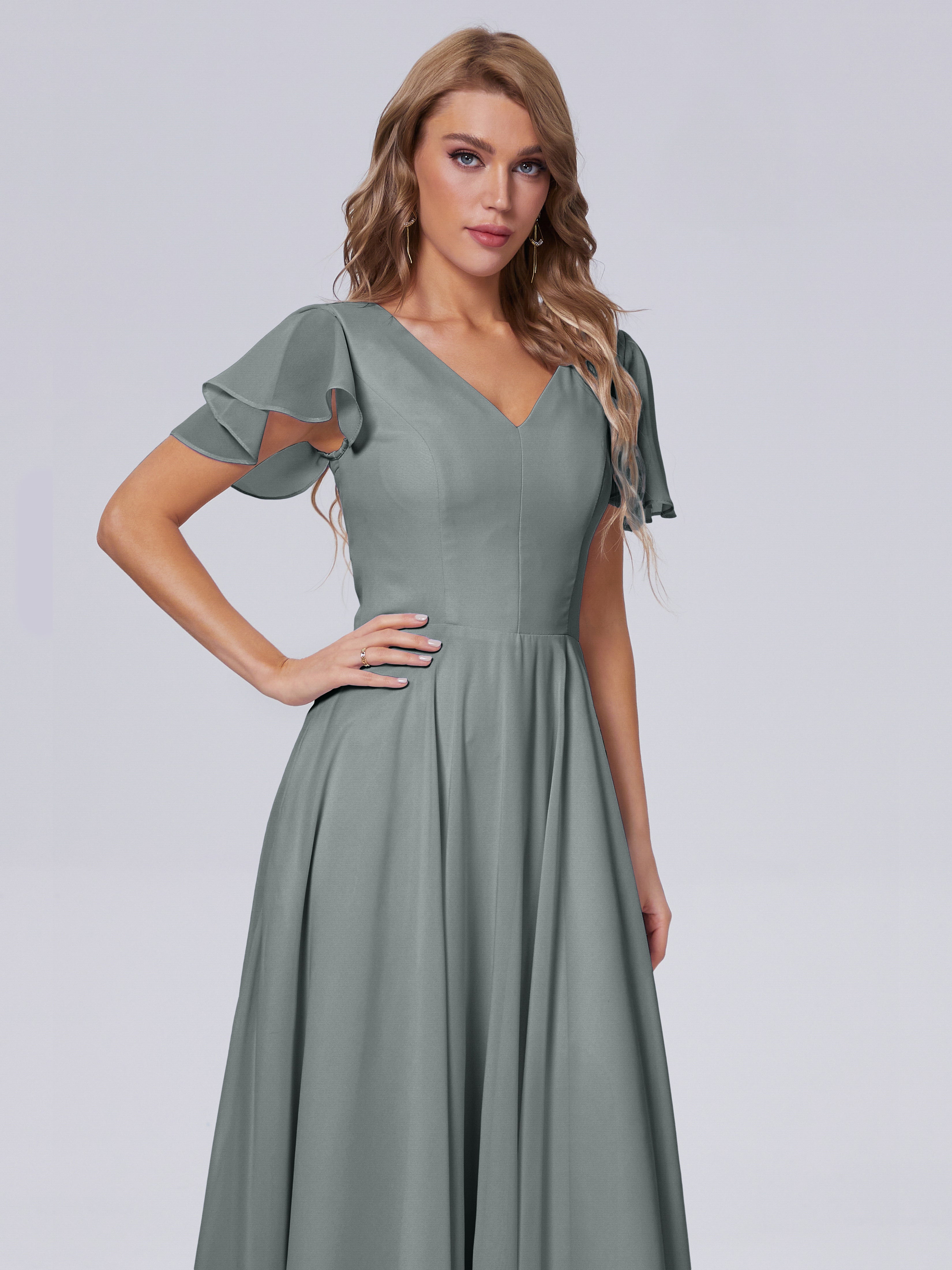 Robe Grise Demoiselle D Honneur Manches Courtes Mousseline Robes Demoiselle D'Honneur