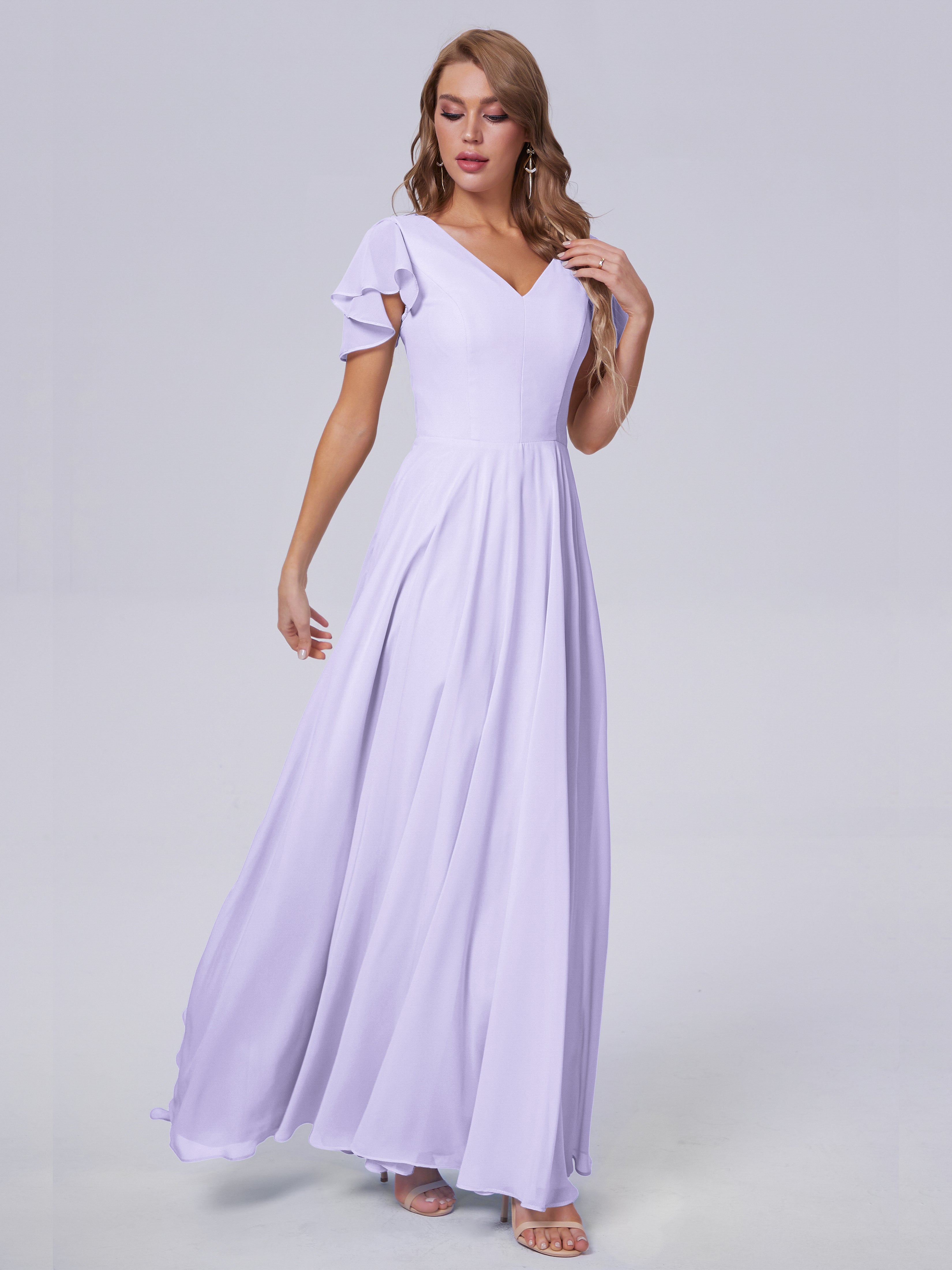 Robe Lilas Demoiselle D Honneur Manches Courtes Mousseline Robes Demoiselle D'Honneur