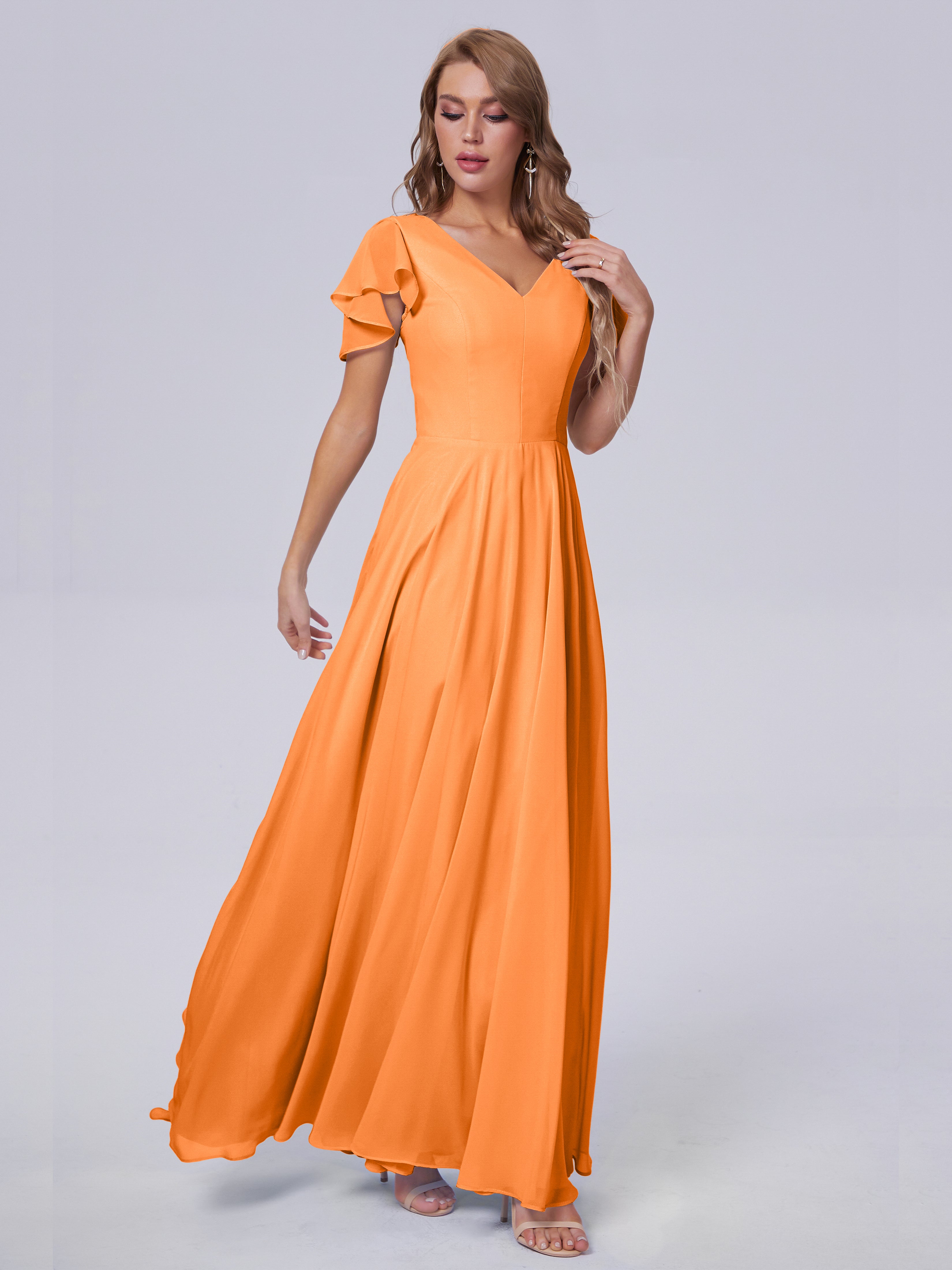 Robe Demoiselle D Honneur Orange Vif Manches Courtes Mousseline Robes Demoiselle D'Honneur