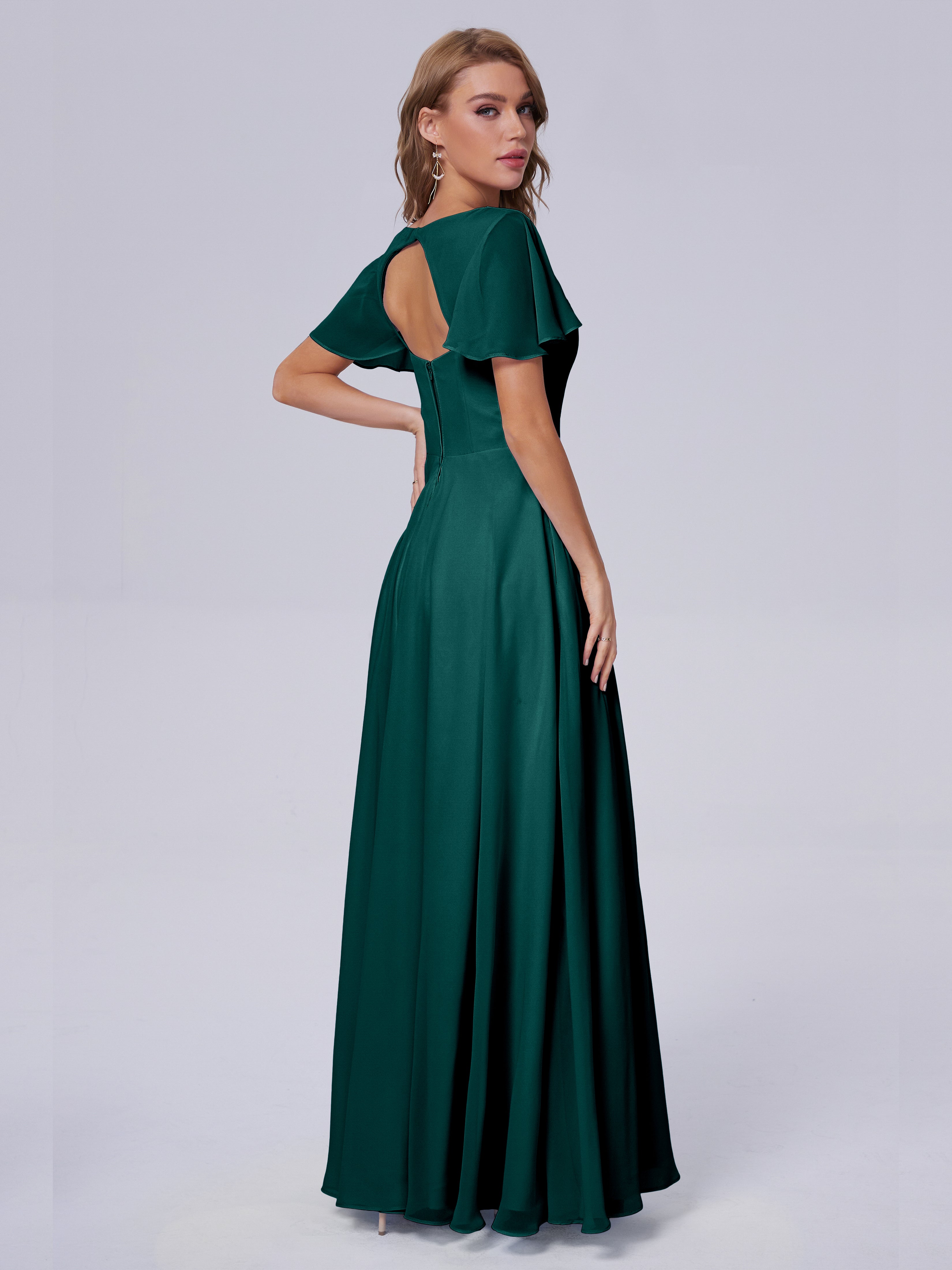 Robes De Demoiselle D'Honneur Couleur Paon Manches Courtes Mousseline Robes Demoiselle D'Honneur