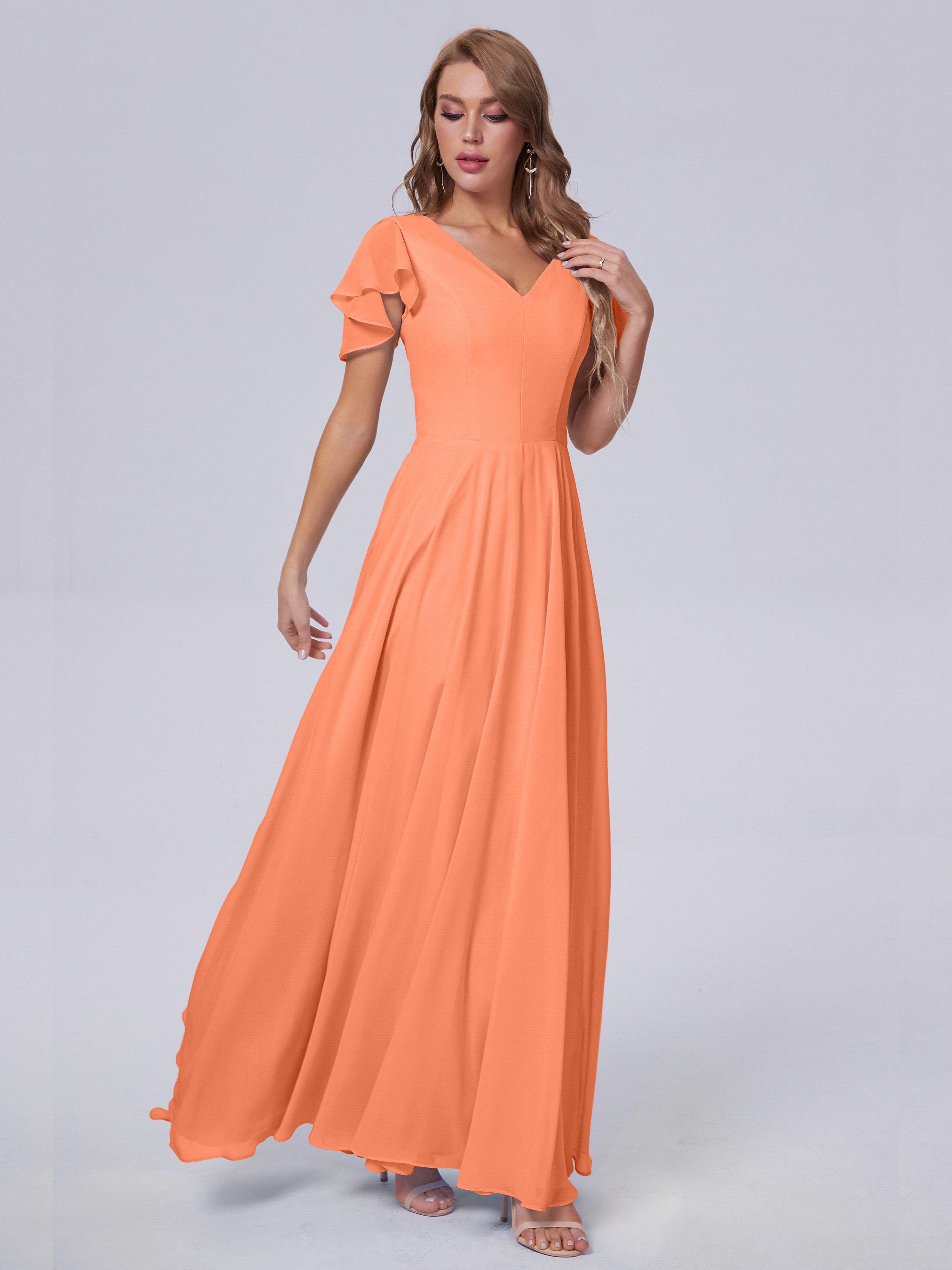 Robes De Demoiselle D'Honneur Papaye Manches Courtes Col V Mousseline Robes Demoiselle D'Honneur