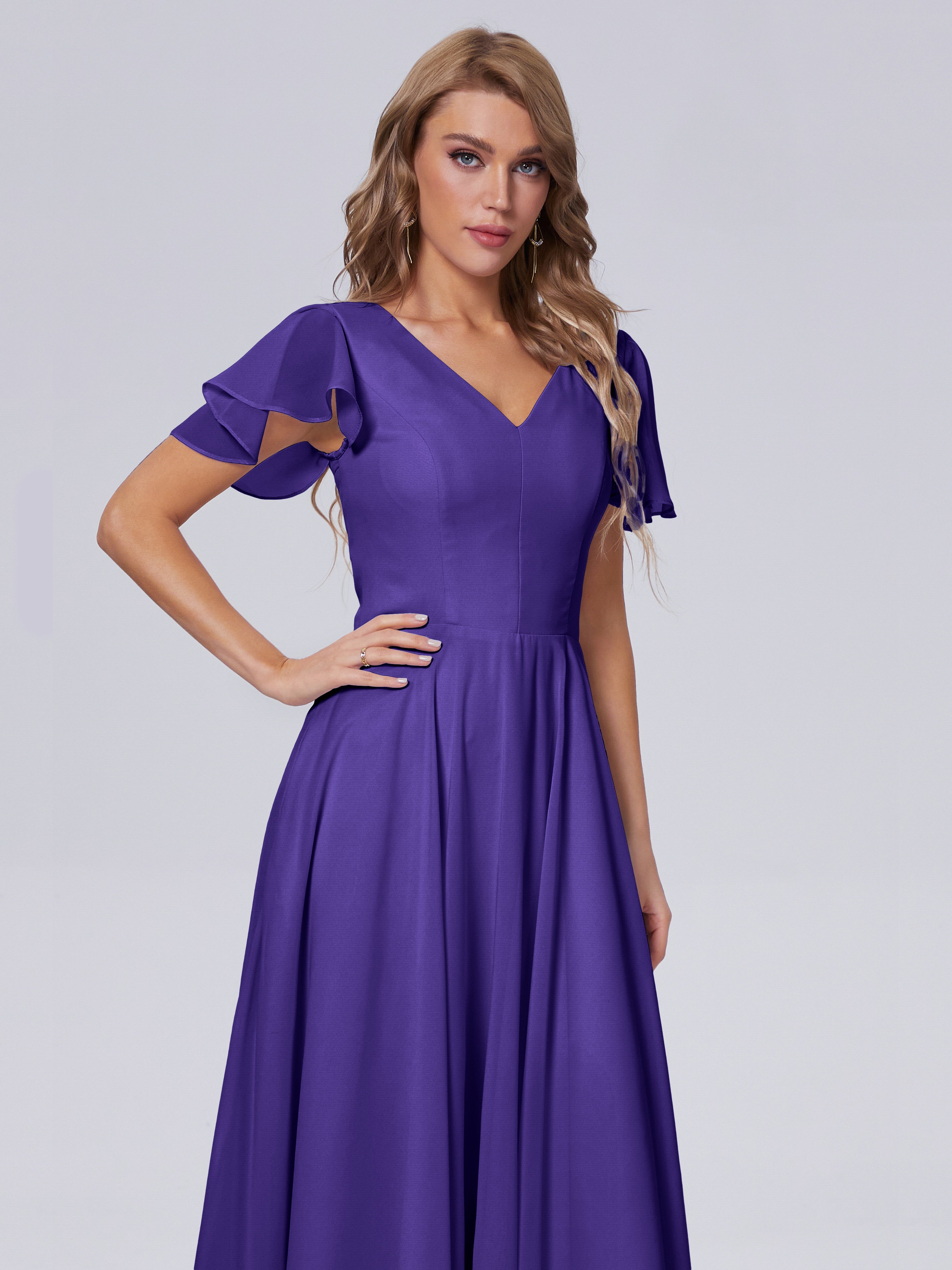 Robes De Demoiselle D'Honneur En Régence Manches Courtes Col V Mousseline Robes Demoiselle D'Honneur