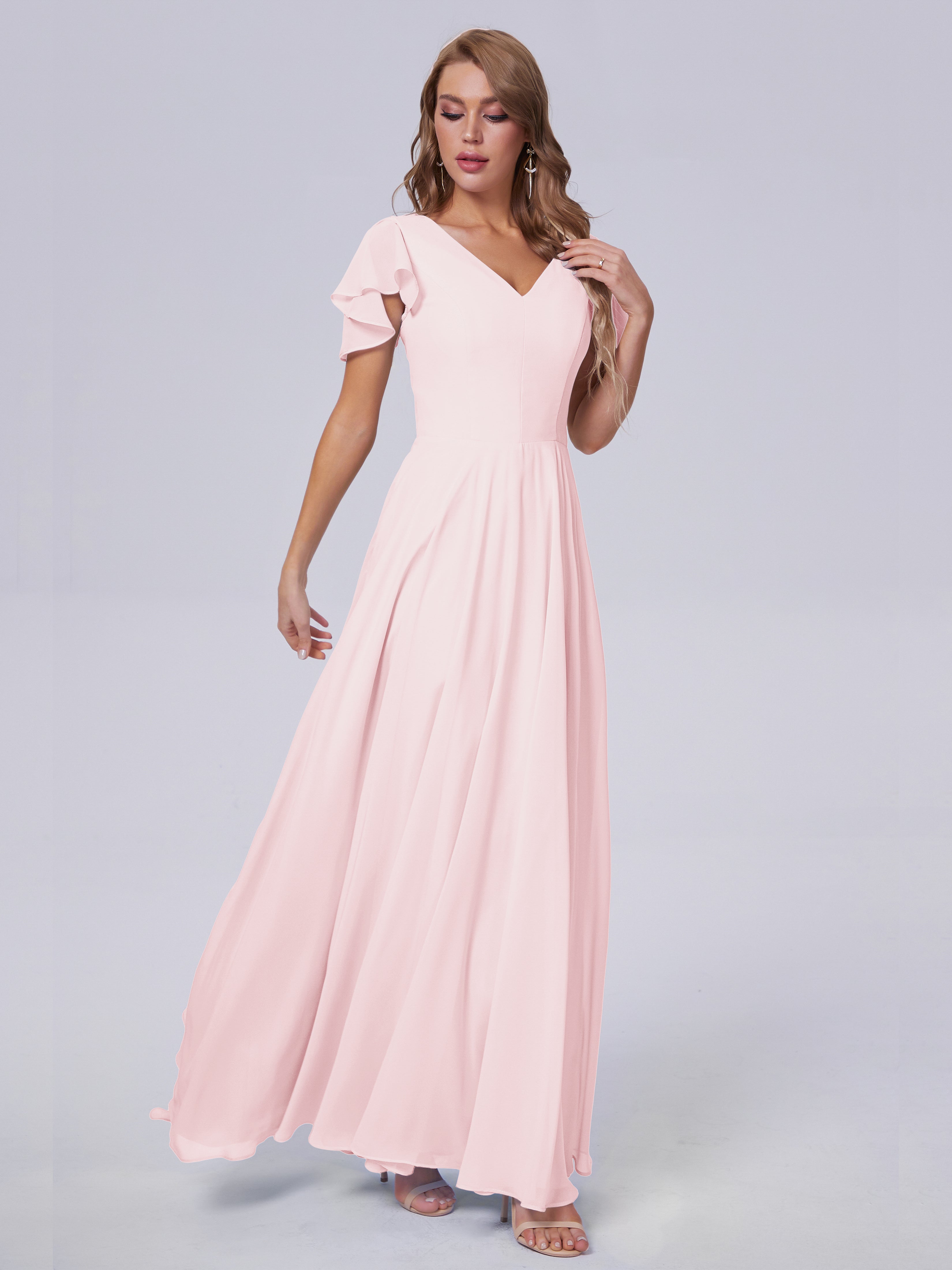 Demoiselle D Honneur Robe Rose Pale Manches Courtes Mousseline Robes Demoiselle D'Honneur