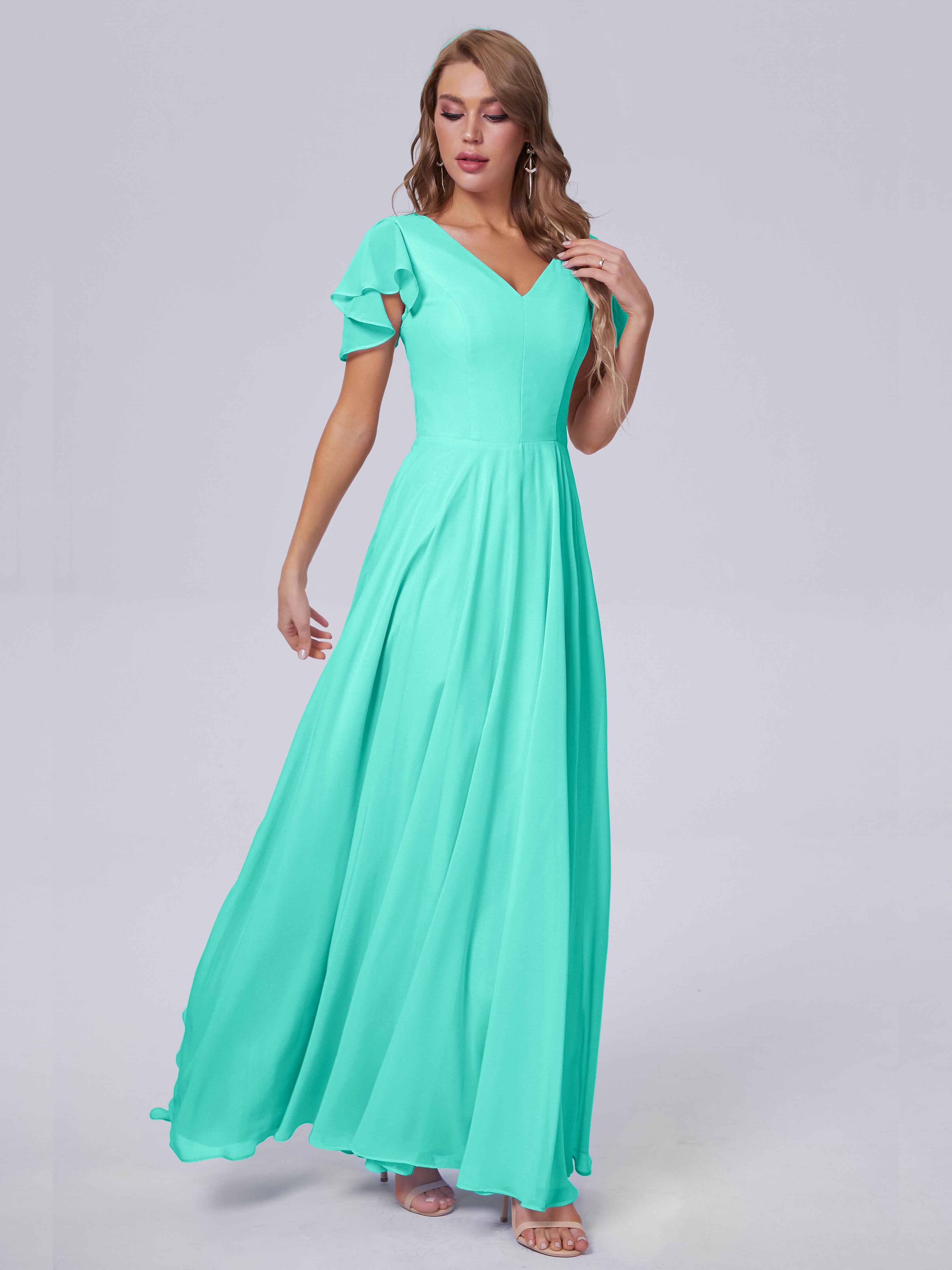 Robes De Demoiselle D'Honneur Spa Manches Courtes Col V Mousseline Robes Demoiselle D'Honneur