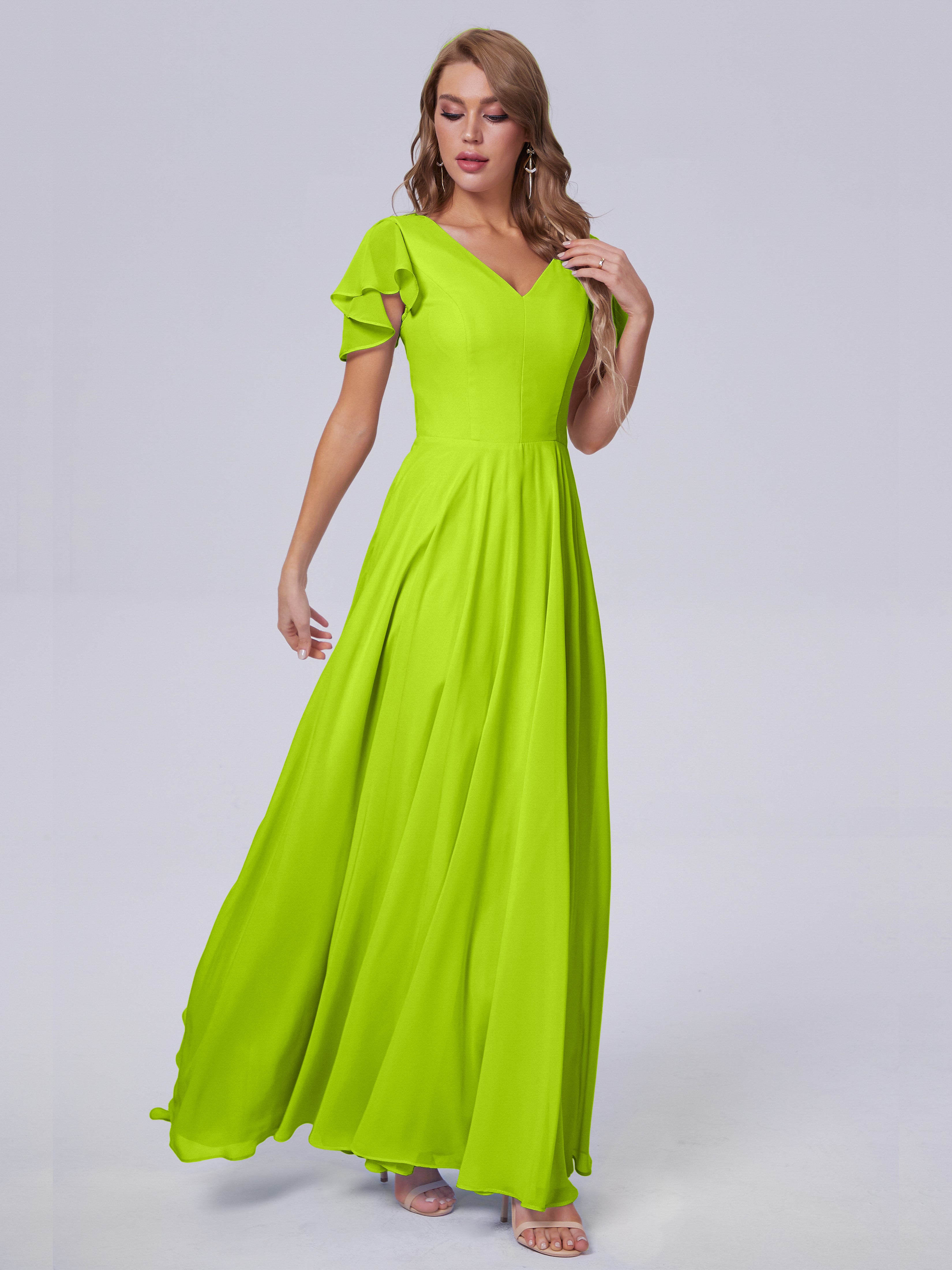 Robes De Demoiselle D'Honneur Vert Citron Manches Courtes Col V Mousseline Robes Demoiselle D'Honneur
